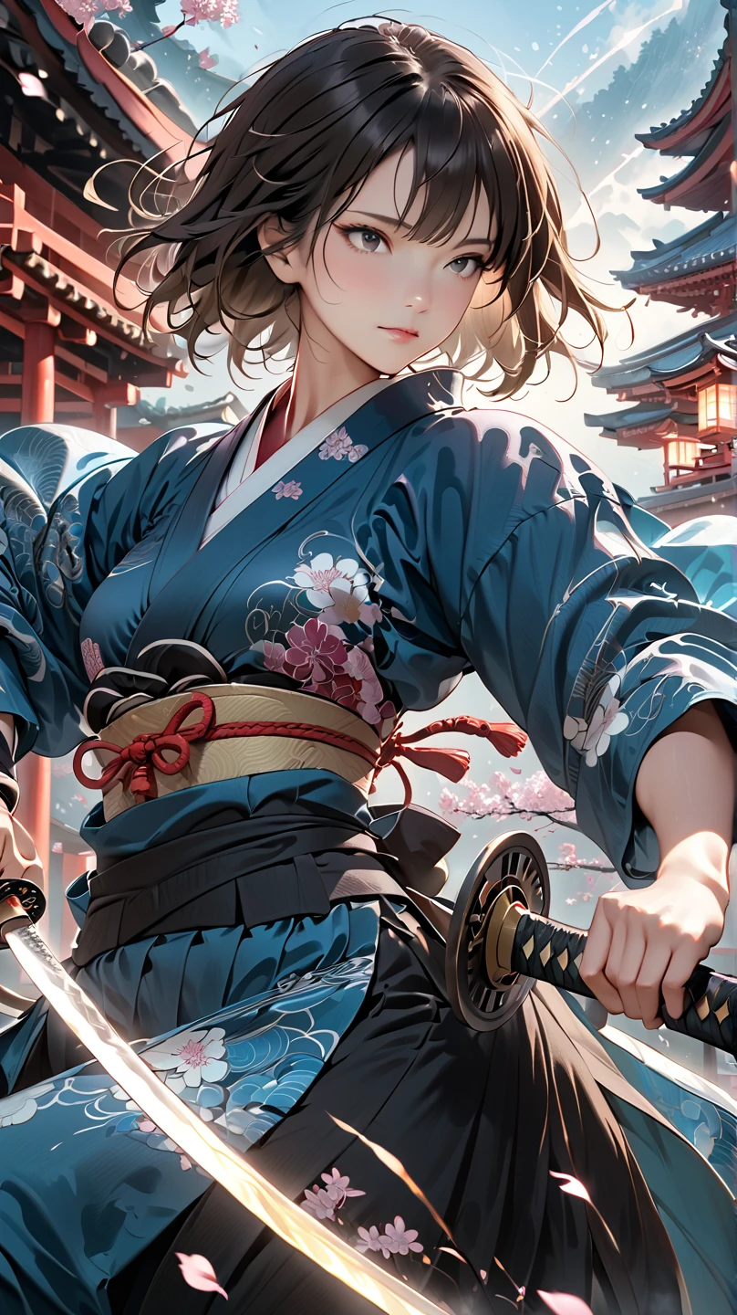 (4k, 8k, masterpiece:1.2), ultra-high-res, (extremely detailed:1.3), dynamic pose, perfect anatomy, (intricate line work:1.3), sharp focus, (digital painting), (vivid colors:1.3), (masterful lighting:1.3), expressive, captivating eyes, Japanese warrior woman, traditional samurai-inspired attire, cerulean yukata with billowing sleeves, (dark, messy short hair), (black hair), intense gaze, dark brown eyes, (pale skin), large breast, athletic, hourglass physique, (loose-fitting hakama-style pants), dynamic movement, katana in hand with glowing energy, combat boots with red laces, (cinematic lighting), (dramatic atmosphere), shrine maiden with a tomboy edge, poised for battle, shrine setting with Japanese architecture in the background, cherry blossoms subtly falling in the wind, cinematic depth of field, glowing aura around the katana, (soft bokeh of traditional Japan), atmospheric, moody, stylized realism, (Marvel Cinematic Universe style), detailed armor accessories, (inspired by Atey Ghailan, Jeremy Mann, and Greg Rutkowski