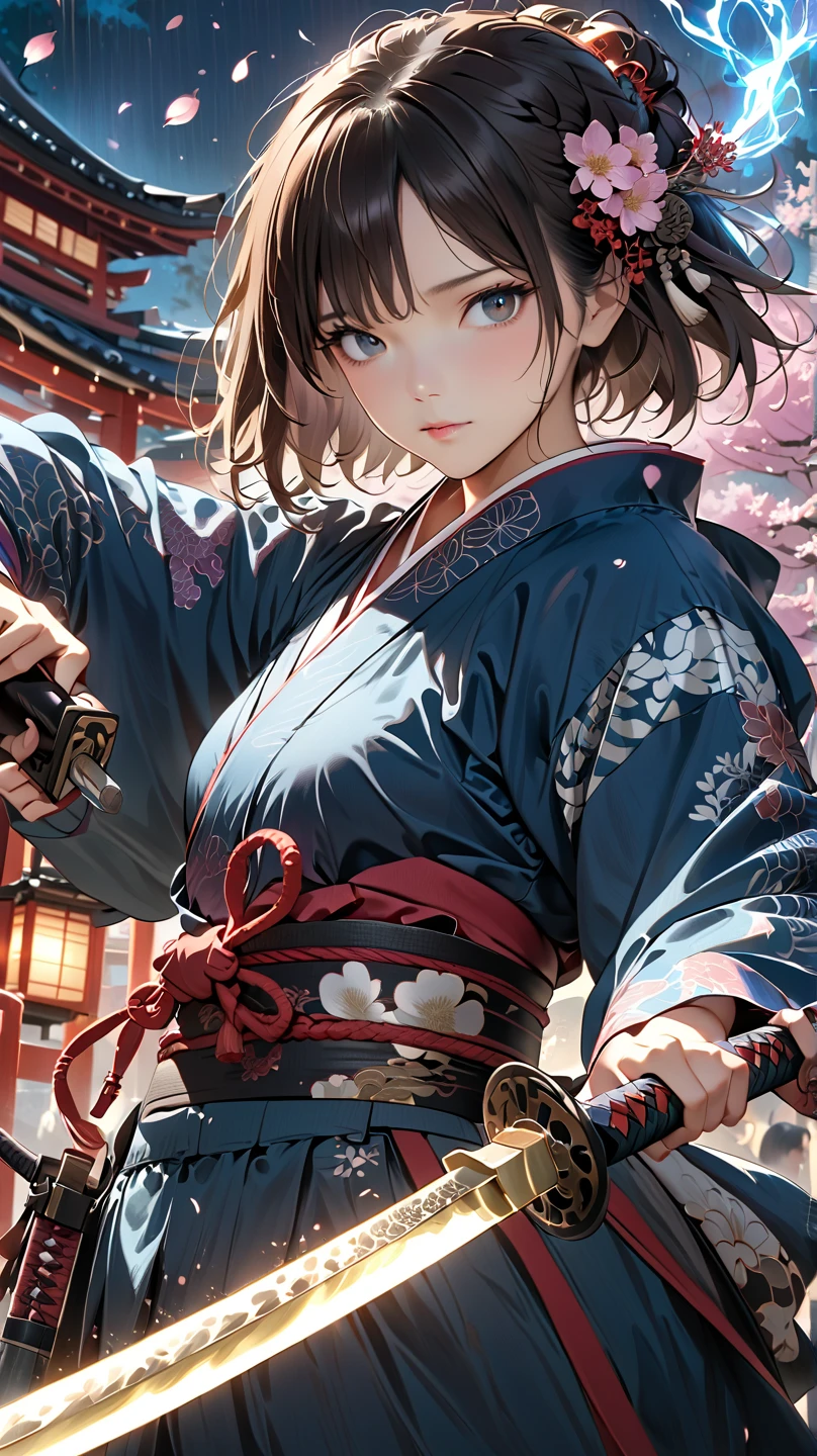 (4k, 8k, masterpiece:1.2), ultra-high-res, (extremely detailed:1.3), dynamic pose, perfect anatomy, (intricate line work:1.3), sharp focus, (digital painting), (vivid colors:1.3), (masterful lighting:1.3), expressive, captivating eyes, Japanese warrior woman, traditional samurai-inspired attire, cerulean yukata with billowing sleeves, (dark, messy short hair), (black hair), intense gaze, dark brown eyes, (pale skin), large breast, athletic, hourglass physique, (loose-fitting hakama-style pants), dynamic movement, katana in hand with glowing energy, combat boots with red laces, (cinematic lighting), (dramatic atmosphere), shrine maiden with a tomboy edge, poised for battle, shrine setting with Japanese architecture in the background, cherry blossoms subtly falling in the wind, cinematic depth of field, glowing aura around the katana, (soft bokeh of traditional Japan), atmospheric, moody, stylized realism, (Marvel Cinematic Universe style), detailed armor accessories, (inspired by Atey Ghailan, Jeremy Mann, and Greg Rutkowski