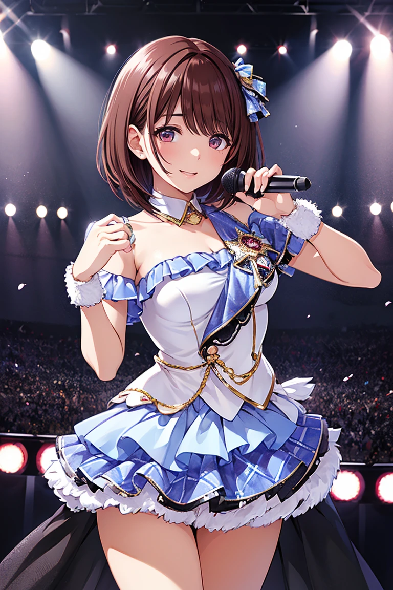 Nene Kasaki々、 Shiny Maroon Hair ,  short hair, ( brown pretty eyes、 Sparkling Eyes, Fine grain)、smile、 super detailed eyes 、 highly detailed face holding 1 ,  very detailed eyes,Only one female,( greatest masterpiece highest quality :1.2) 、 cowboy shot、


nsfw,  An idol girl is singing on stage. Idol's white costume . microphone .  short hair、 full audience