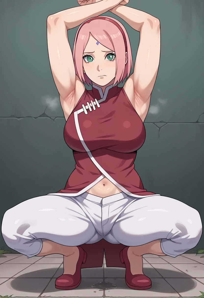 score_9, score_8_up, score_7_up,,nsfw, 1girl, Haruno Sakura, pink hair, short hair, green eyes, forehead mark, hairband,
red sleeveless dress, navel, large breasts, white pants,In a dim alley  ,Armpit,Armpit wrinkles,Armpit smell,Armpit juice,arms up,stretch, is seducing,(excess pubic hair,under hair),Squat down, 