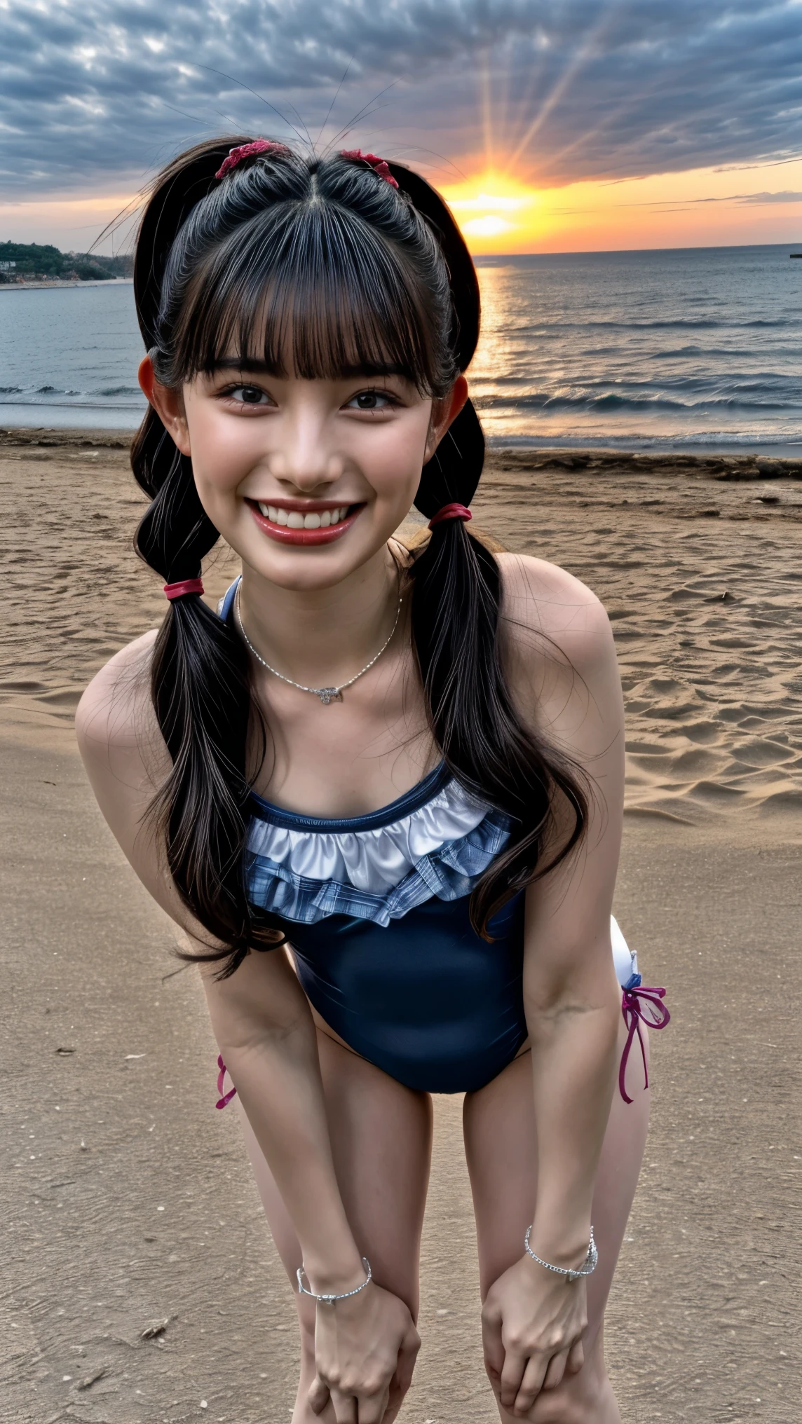 (nsfw:1.2), (realistic, photo-realistic:1.37), (masterpiece, best quality:1.2), high resolution photograph, extremely detailed, intricate details, sharp details, sharp focus, professional lighting, solo, 1girl, a 19 year old Japanese female idol, full body, slim body, (flat chest, school swimwear:1.4), sandals, (large mons pubis, cameltoe, groin, wedgie), pale skin, fine-textured skin, shiny skin, sweaty, (dark hair, shiny hair, pigtails hair, straight hair, blunt bangs, hair scrunchie:1.2), (beautiful detailed face, extremely detailed eyes, beautiful detailed nose, beautiful pupils), (cheerful grin), (posing for gravure photography, dynamic pose with movement:1.2), photo background, outdoors, (sandy beach, ocean view, magic hour, sunset, evening:1.2),