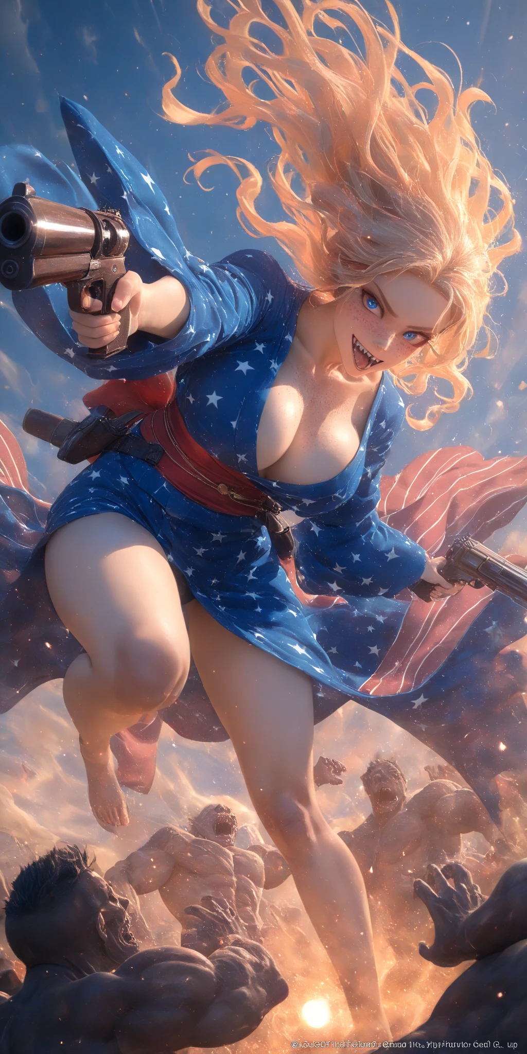 1girl\(american,(red hair),twin tails, frilled hair ribbon,tatoo,(Freckles),(Muscular), big blue eyes,beautiful eyes,big breast,wearing beautiful yukata\(american flag\(Stars and stripes\) design\),holding shotgun, shooting, Grenades exploding, gun belts, wavy hair long hair,floating hair, (scar on face),open mouth,smile, sharp teeth, tongue,dynamic action, dynamic angle, spiral mad eyes,gloves,knee pads,under armer\) at (kyoto japan), so many (zombie around), apocalips, dooms day,red black sun. BREAK .quality\(8k,wallpaper of extremely detailed CG unit, high resolution, top-quality, top-quality real texture skin, hyper realistic, increase the resolution, RAW photos, best quality, highly detailed, the wallpaper, golden ratio, high saturation realism, vibrant colors, dramatic lighting, persuasive storytelling, atmospheric scenery, captivating visuals, intricate details, strong emotions, dreamlike world\),dynamic angle,dutch angle,action movie,cityscape of kyoto