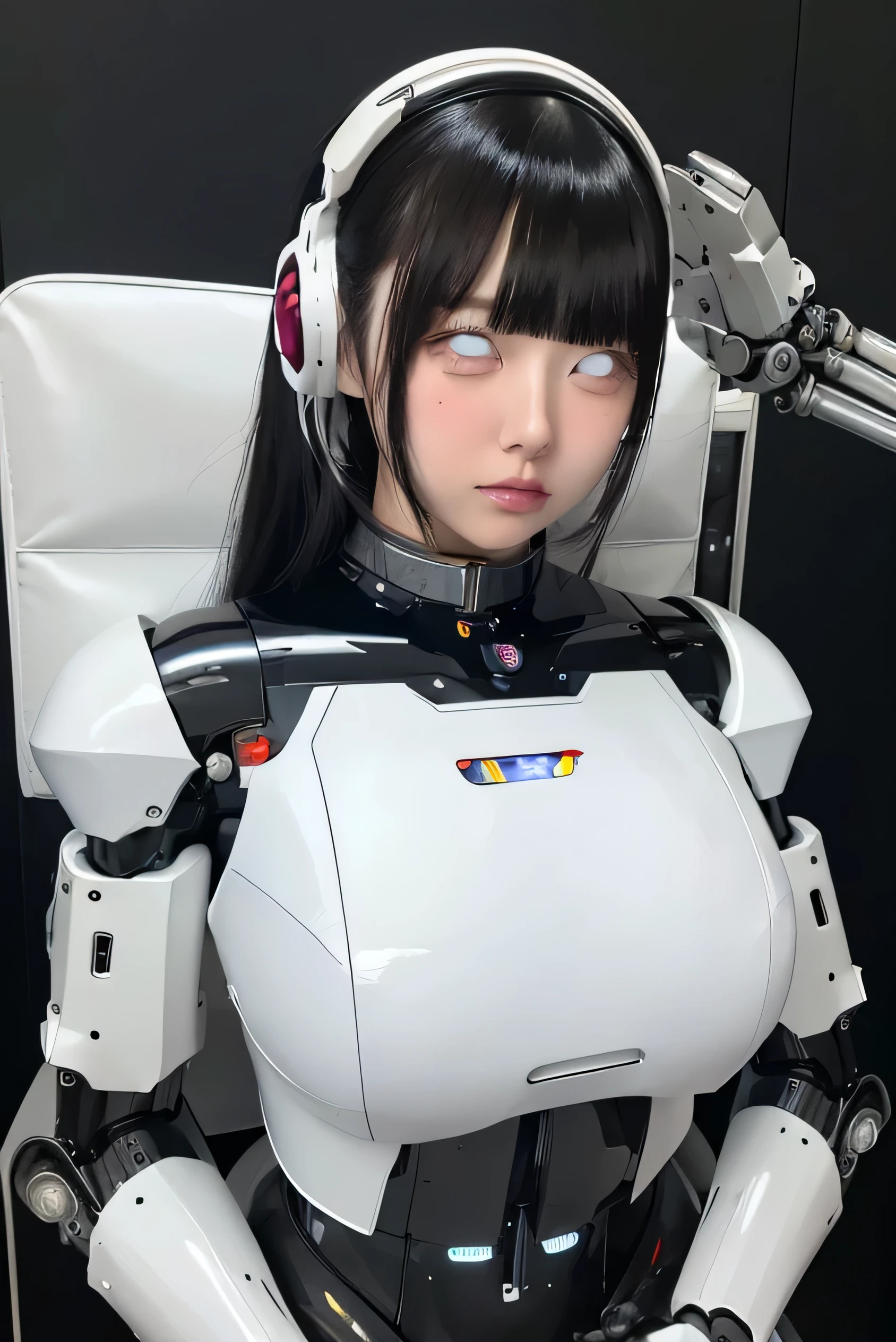 masterpiece, best quality, extremely detailed, Japaese Cyborg girl,Plump , control panels,android,Droid,Mechanical Hand, Robot arms and legs, Black Robot Parts,Black hair,Mechanical body,Blunt bangs,White robotics parts,perfect robot girl,long tube,thick cable connected her neck,ceramic body ,mechanical body, mechanical ear cover, mechanical costume,android,robot,humanoid,cyborg,japanese android woman ,mechanical chest,blue eyes,future laboratory,connecting a cable between the legs,shirome