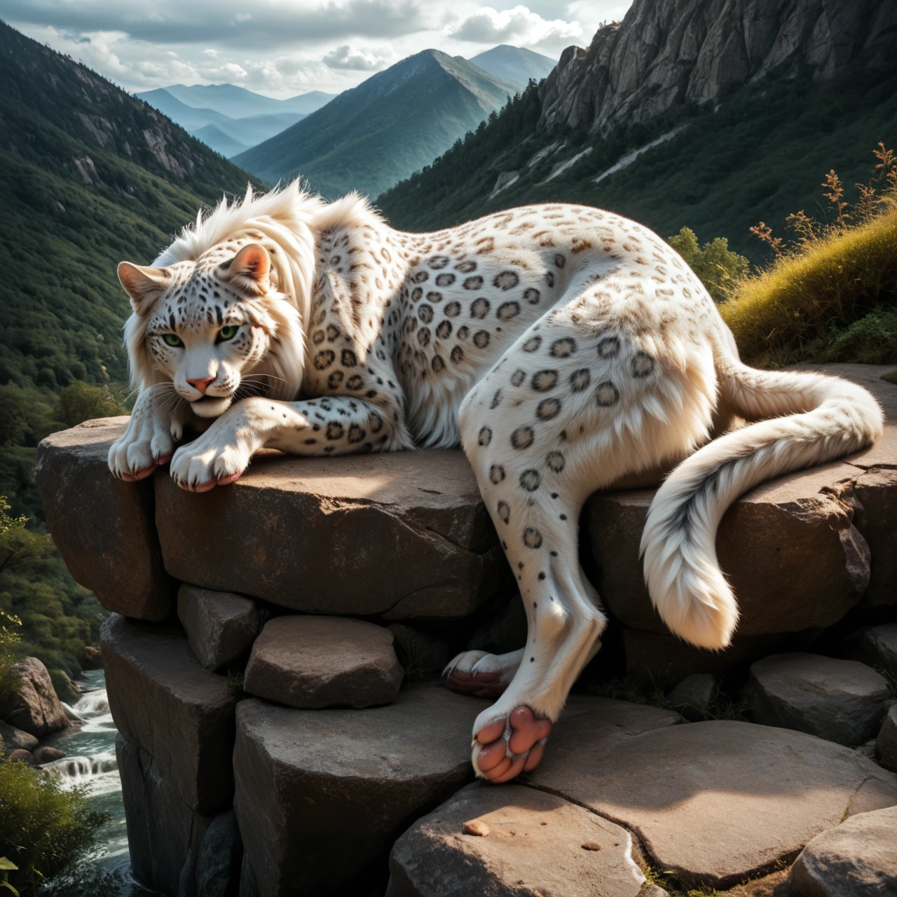 score_9, score_8_up, score_7_up, score_6_up, viewer looks between the legs, white leopard fighter, female, (with mane:1.2), feral, felid, feline, she is lying on a stone, separated legs, belly is visible, human-like hands, (detailed background), nature, in the high mountains, fur, solo, high quality, furred body, paws, handpaw, fluffy, silver bracelets on the legs, (detailed eyes, green eyes), slightly muscled, highly detailed, realistic fur, beautiful, photorealism, photorealistic, dslr, photo, expressive, full body, pawpads, paw pads, playful, with claws, silver collar