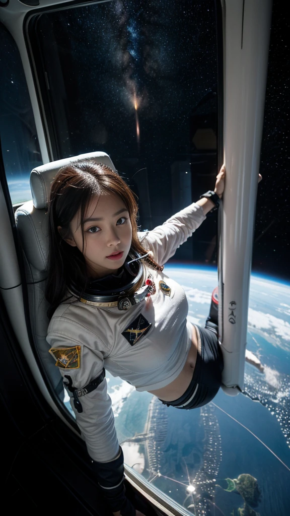  super high definition 、Astronaut、Outer space view from the window、Age 25、Beauty、 wearing a watch、Piloting a spaceship、I can see UFOs、Fight with aliens