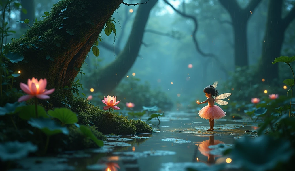 In the middle of a charming garden,Glowing fairies and shining fireflies dance to the gentle sound of the moon.