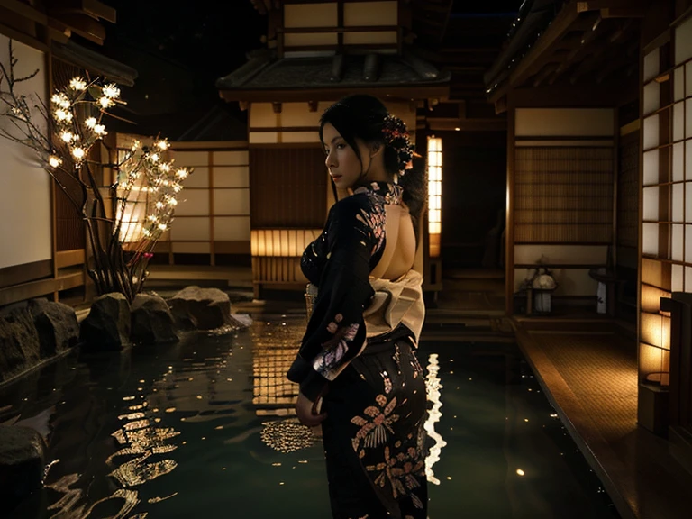 A stunningly beautiful,  young woman rises from the warm waters of a traditional Japanese hot spring,  she is putting on her yukata and her shoulders are still bare. Her very long, straight black hair cascades down her back below her waist. Strong Japanese aesthetic, and architecture, twisted but beautiful dwarf black pines surround the secluded spring 