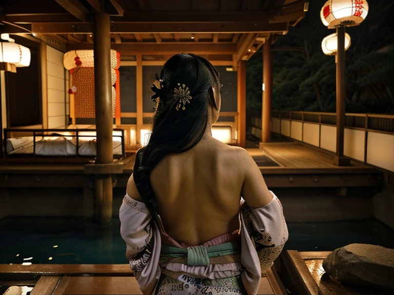 A stunningly beautiful,  young woman rises from the warm waters of a traditional Japanese hot spring,  she is putting on her yukata and her shoulders are still bare. Her very long, straight black hair cascades down her back below her waist. Strong Japanese aesthetic, and architecture, twisted but beautiful dwarf black pines surround the secluded spring 