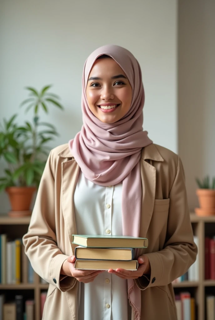 a hijab wearing teacher wearing a kebaya, holding a stack of books, detailed face and eyes, intricate patterns on kebaya, natural lighting, photorealistic, 8k, cinematic composition, warm color tones, masterpiece