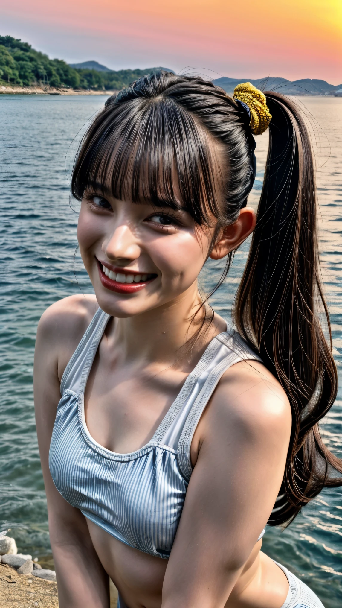 (nsfw:1.2), (realistic, photo-realistic:1.37), (masterpiece, best quality:1.2), high resolution photograph, extremely detailed, intricate details, sharp details, sharp focus, professional lighting, solo, 1girl, a 19 year old Japanese female idol, full body, slim body, (flat chest, school swimwear:1.4), sandals, (large mons pubis, cameltoe, groin, wedgie), pale skin, fine-textured skin, shiny skin, sweaty, (dark hair, shiny hair, pigtails hair, straight hair, blunt bangs, hair scrunchie:1.2), (beautiful detailed face, extremely detailed eyes, beautiful detailed nose, beautiful pupils), (cheerful grin), (posing for gravure photography, dynamic pose with movement:1.2), photo background, outdoors, (sandy beach, ocean view, magic hour, sunset, evening:1.2),