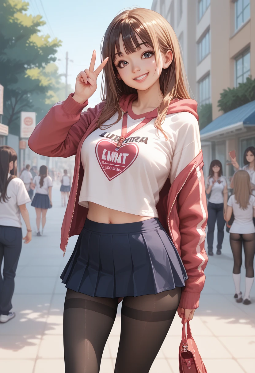  top quality ,masterpiece, super detailed , super high resolution ,female 1 person,School,Seduce,smile,lewdness,(name:Kasukabe Tsumugi),uniform,Nymphomaniac,String Panties, standing,Peace sign with eyes, micro mini skirt ,T-Shirts, hoodie,tights,