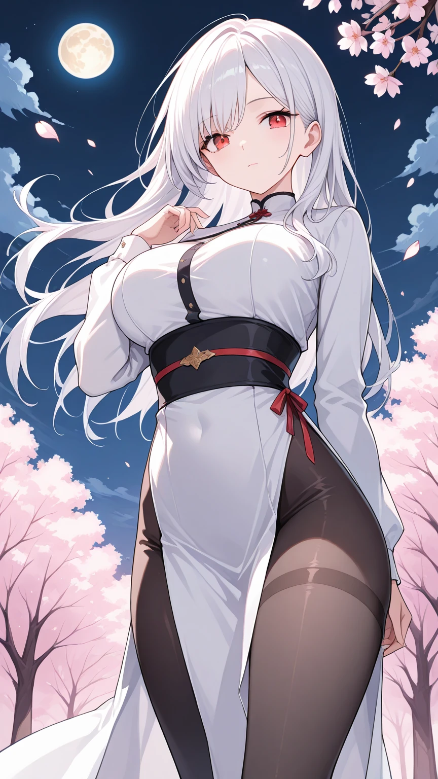 1girl,solo,long hair,breasts,looking at viewer,blush,bangs,large breasts,red eyes,long sleeves,dress,closed mouth,standing,white hair,pantyhose,thighs,cowboy shot,outdoors,sky,cloud,huge breasts,tree,parted bangs,black pantyhose,sash,petals,night,moon,from below,cherry blossoms,wind,night sky,pelvic curtain,full moon,