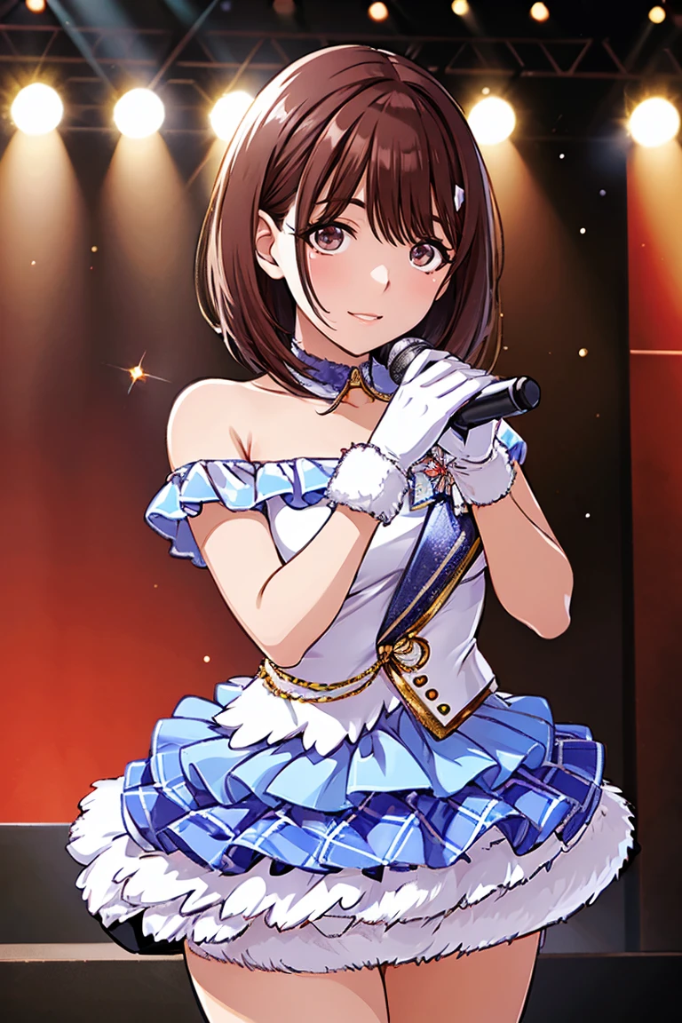 Nene Kasaki々、 Shiny Maroon Hair ,  short hair, ( brown pretty eyes、 Sparkling Eyes, Fine grain)、smile、 super detailed eyes 、 highly detailed face holding 1 ,  very detailed eyes,Only one female,( greatest masterpiece highest quality :1.2) 、 cowboy shot、


nsfw,  An idol girl is singing on stage. Idol's white costume . microphone .  short hair、 full audience