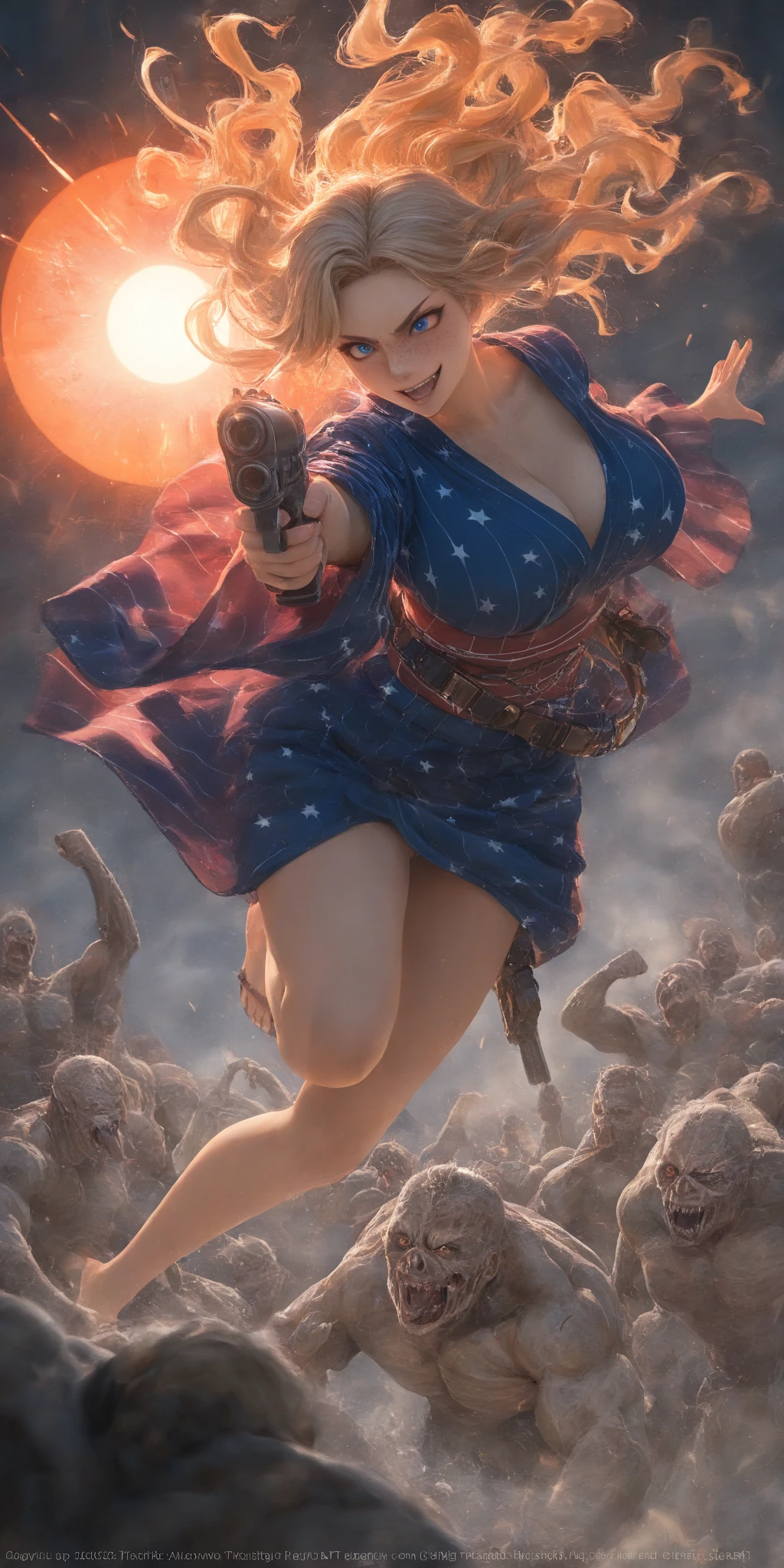 1girl\(american,blonde,Freckles,(Muscular), blue eyes,big breast,wearing beautiful yukata\(american flag\(Stars and stripes\) design\),holding 2guns,shooting guns,wearing Grenades, gun belts, wavy hair, long hair, floating hair, scar on face,smile, sharp teeth, tongue, Tequila Bottle,dynamic action, dynamic angle,\) at (kyoto), so (many zombie), apocalips, dooms day,red black sun. BREAK .quality\(8k,wallpaper of extremely detailed CG unit, high resolution, top-quality, top-quality real texture skin, hyper realistic, increase the resolution, RAW photos, best quality, highly detailed, the wallpaper, golden ratio, high saturation realism, vibrant colors, dramatic lighting, persuasive storytelling, atmospheric scenery, captivating visuals, intricate details, strong emotions, dreamlike world\),dynamic angle,dutch angle,