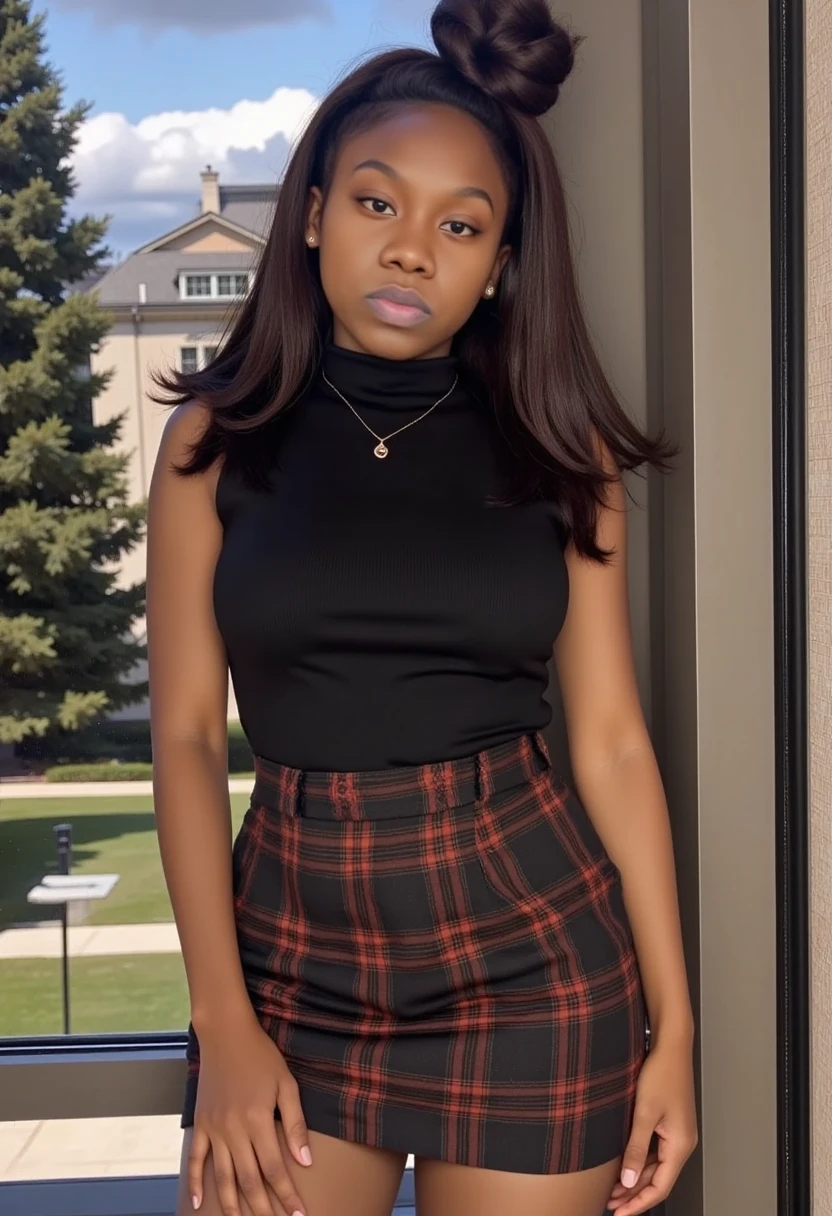high quality photo of <lora:aisha_tyler:1> aisha_tyler (slim:1.1) (tall:1.1),
<lora:RB_School_Dress_By_Stable_Yogi:1> School Dress, thighhighs, plaid pleated mini skirt, red sweater, turtleneck, harness