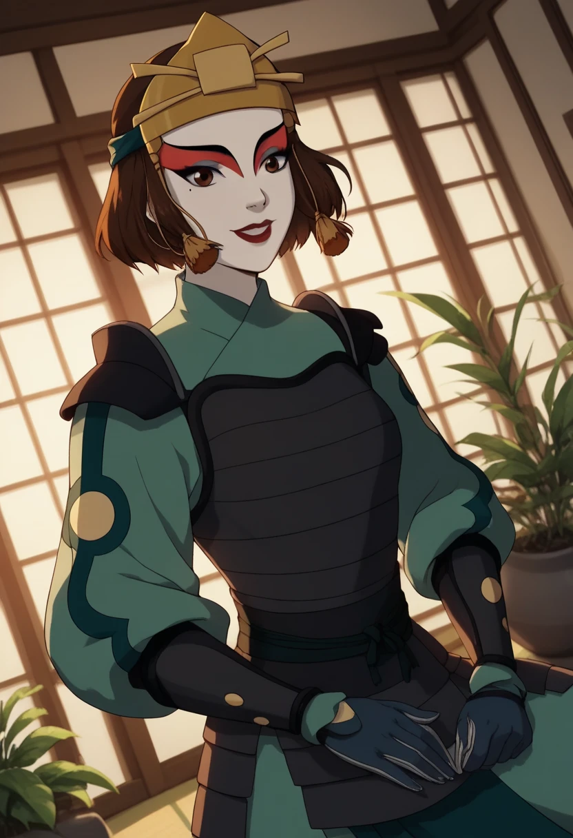 Suki, kyoshi warrior, short hair, brown hair, big brown eyes, makeup, lipstick, gloves, armor, hair ornament, in a room, crouching, beautiful smile, looking at the viewer, alone, cowboy shot, Dutch angle, her chest is very big, beautiful environment with plants in the background, dawn light illuminates the bedroom, sad gesture but with a bit of joy, pastel shades, scene of a beautiful dream with the perfect girl