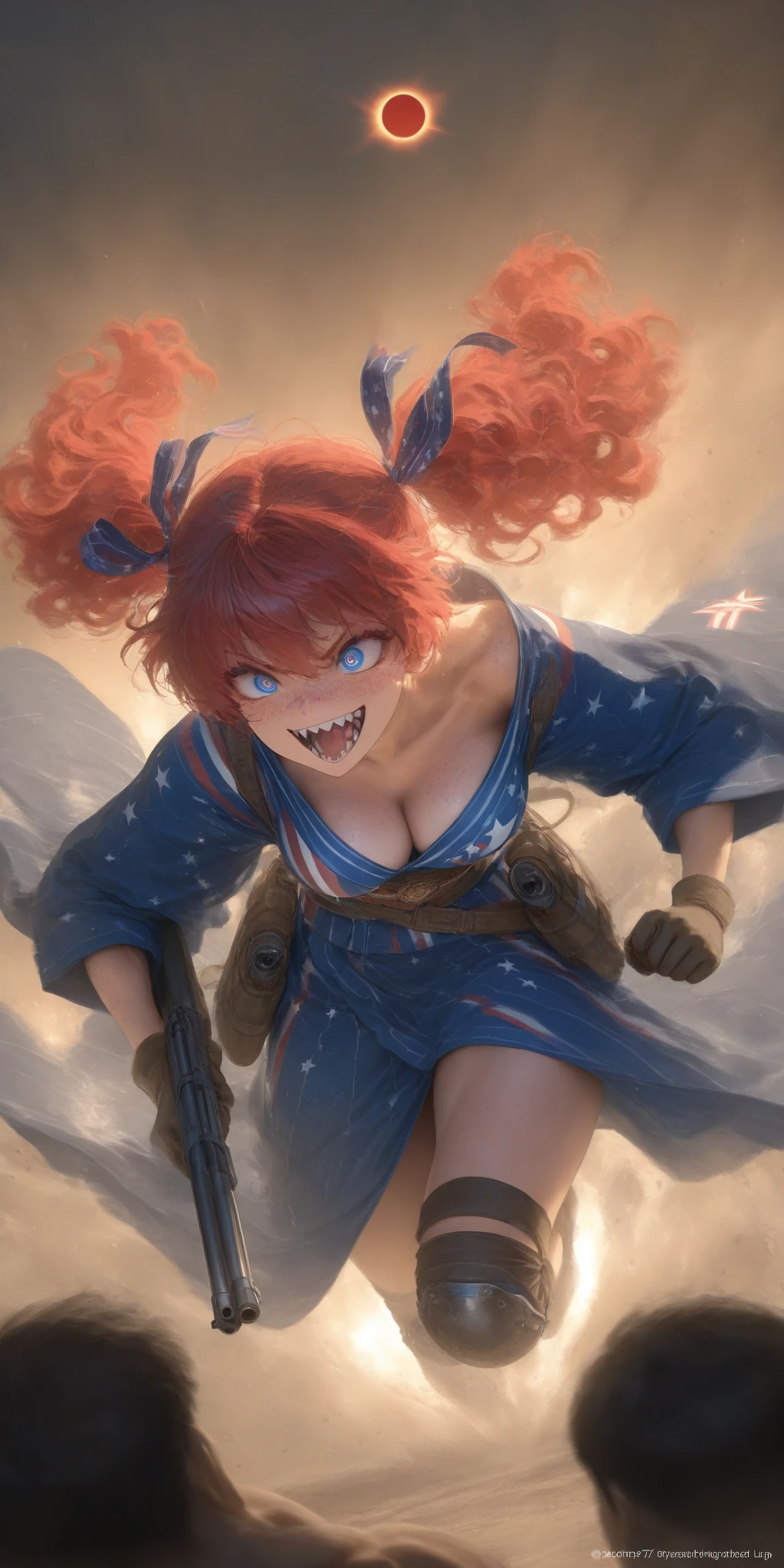 1girl\(american,(red hair),twin tails, frilled hair ribbon,tatoo,(Freckles),(Muscular), big blue eyes,beautiful eyes,big breast,wearing beautiful yukata\(american flag\(Stars and stripes\) design\),holding shotgun, shooting, Grenades exploding, gun belts, wavy hair long hair,floating hair, (scar on face),open mouth,smile, sharp teeth, tongue,dynamic action, dynamic angle, spiral mad eyes,gloves,knee pads,under protector armer\) at (kyoto japan), so many (zombie around), apocalips, dooms day,red black sun. BREAK .quality\(8k,wallpaper of extremely detailed CG unit, high resolution, top-quality, top-quality real texture skin, hyper realistic, increase the resolution, RAW photos, best quality, highly detailed, the wallpaper, golden ratio, high saturation realism, vibrant colors, dramatic lighting, persuasive storytelling, atmospheric scenery, captivating visuals, intricate details, strong emotions, dreamlike world\),dynamic angle,dutch angle,action movie,longshot, wide shot