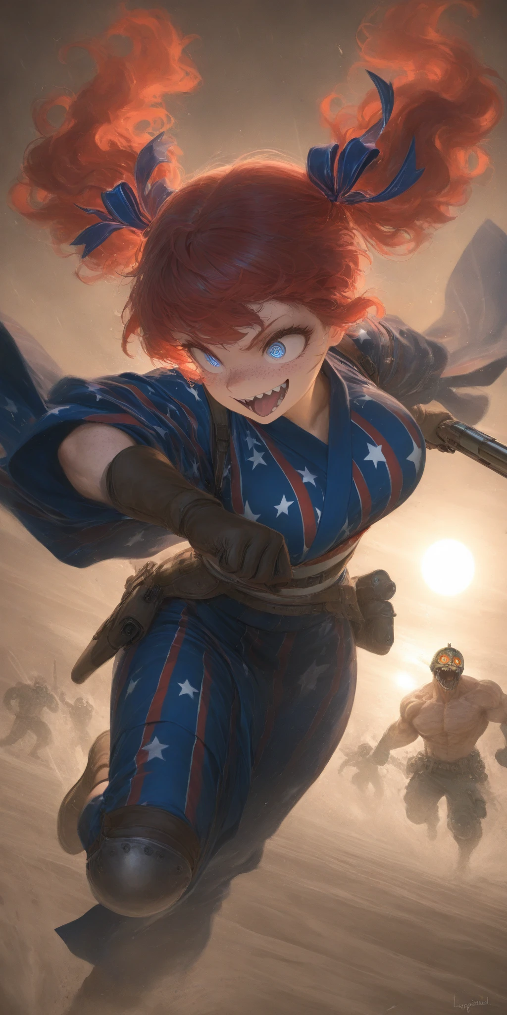 1girl\(american,(red hair),twin tails, frilled hair ribbon,tatoo,(Freckles),(Muscular), big blue eyes,beautiful eyes,big breast,wearing beautiful yukata\(american flag\(Stars and stripes\) design\),holding shotgun, shooting, Grenades exploding, gun belts, wavy hair long hair,floating hair, (scar on face),open mouth,smile, sharp teeth, tongue,dynamic action, dynamic angle, spiral mad eyes,gloves,knee pads,under protector armer\) at (kyoto japan), so many (zombie around), apocalips, dooms day,red black sun. BREAK .quality\(8k,wallpaper of extremely detailed CG unit, high resolution, top-quality, top-quality real texture skin, hyper realistic, increase the resolution, RAW photos, best quality, highly detailed, the wallpaper, golden ratio, high saturation realism, vibrant colors, dramatic lighting, persuasive storytelling, atmospheric scenery, captivating visuals, intricate details, strong emotions, dreamlike world\),dynamic angle,dutch angle,action movie,longshot, wide shot