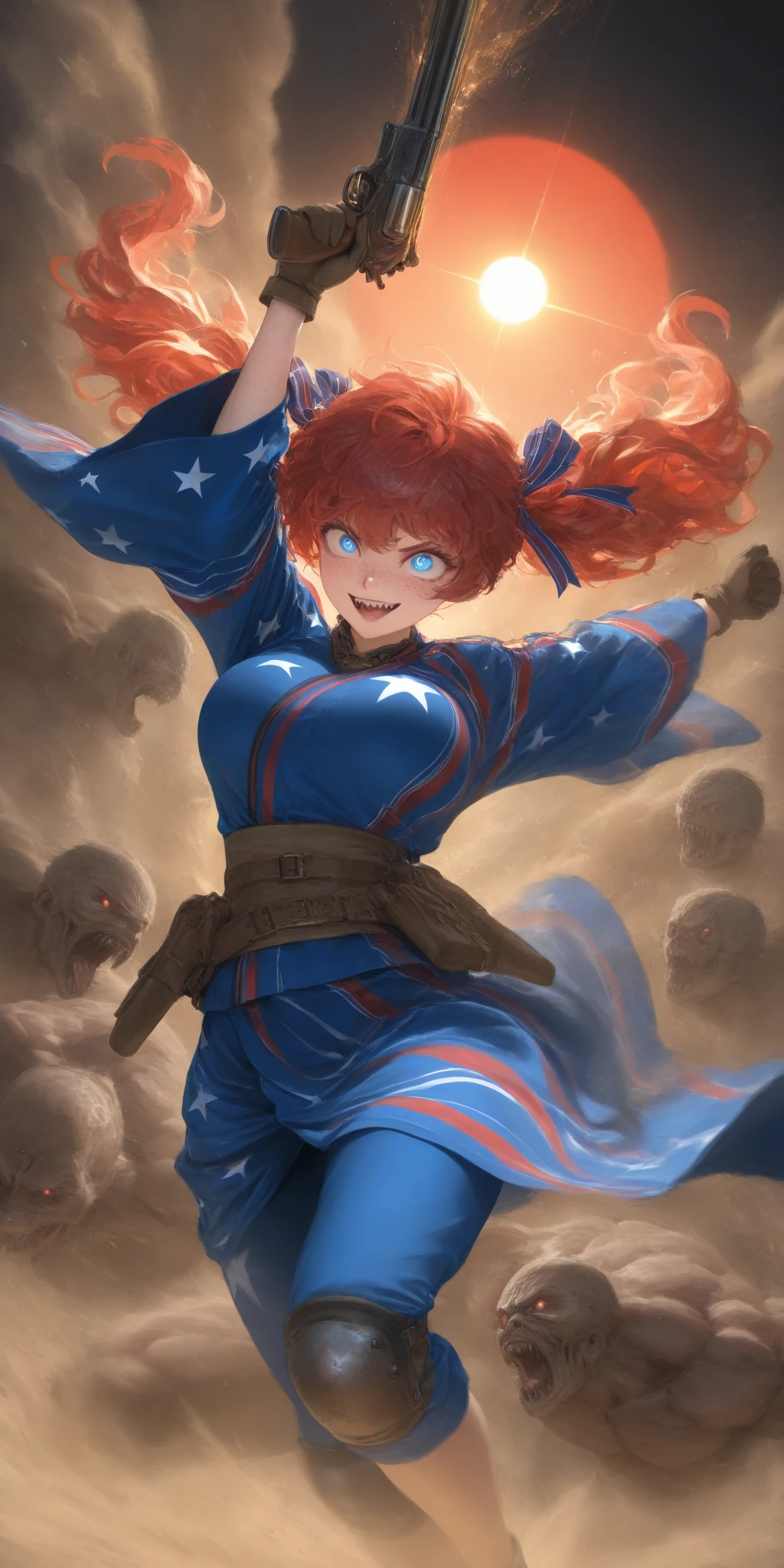 1girl\(american,(red hair),twin tails, frilled hair ribbon,tatoo,(Freckles),(Muscular), big blue eyes,beautiful eyes,big breast,wearing beautiful yukata\(american flag\(Stars and stripes\) design\),holding shotgun, shooting, Grenades exploding, gun belts, wavy hair long hair,floating hair, (scar on face),open mouth,smile, sharp teeth, tongue,dynamic action, dynamic angle, spiral mad eyes,gloves,knee pads,under protector armer\) at (kyoto japan), so many (zombie around), apocalips, dooms day,red black sun. BREAK .quality\(8k,wallpaper of extremely detailed CG unit, high resolution, top-quality, top-quality real texture skin, hyper realistic, increase the resolution, RAW photos, best quality, highly detailed, the wallpaper, golden ratio, high saturation realism, vibrant colors, dramatic lighting, persuasive storytelling, atmospheric scenery, captivating visuals, intricate details, strong emotions, dreamlike world\),dynamic angle,dutch angle,action movie,longshot, wide shot