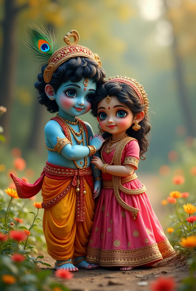 Goddess Radha and Lord Krishna as childs playing in the garden , Indian God, 8K render, facing towards the viewers
