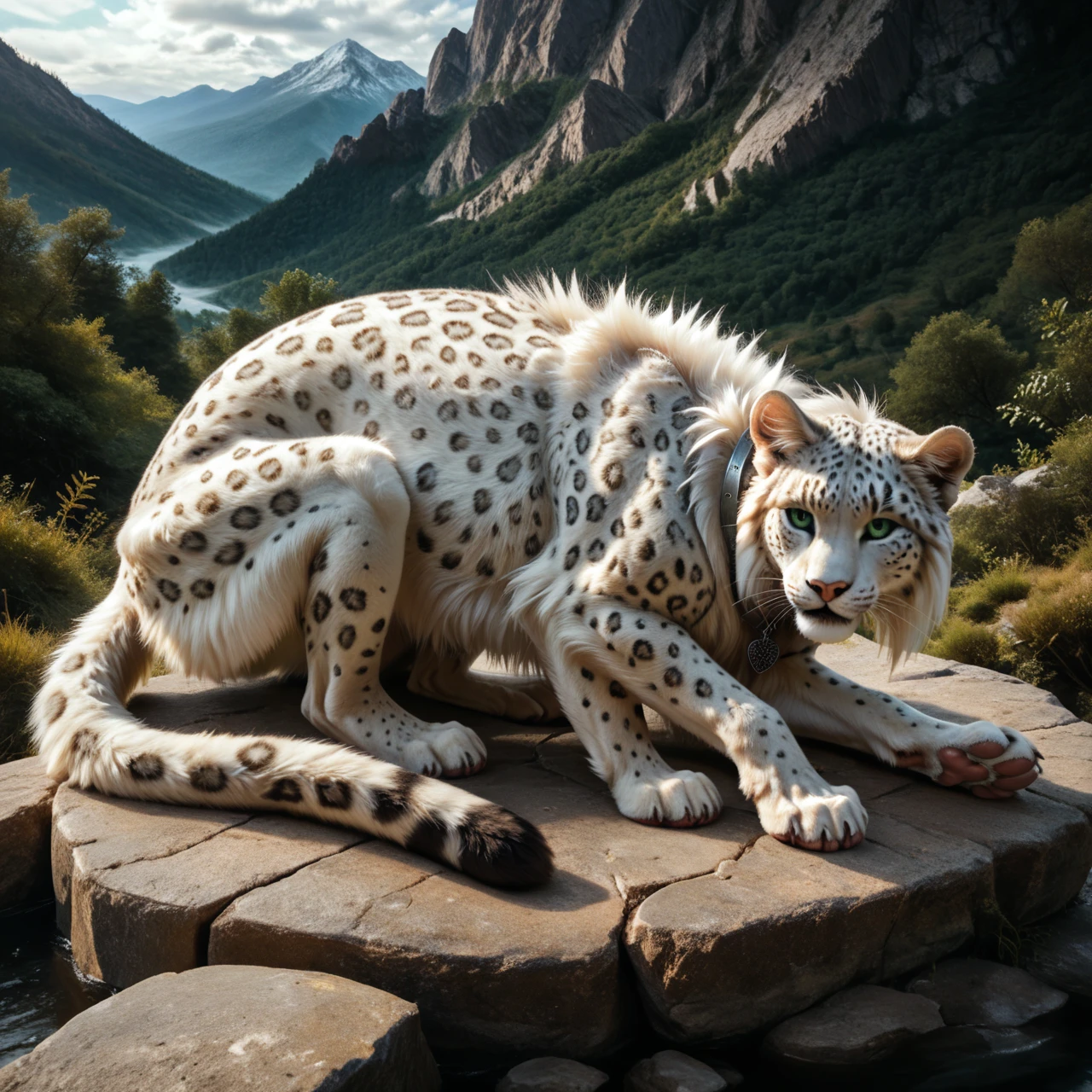 score_9, score_8_up, score_7_up, score_6_up, white leopard fighter, female, with mane, feral, felid, feline, she is lying on a stone, separated legs, belly is visible, (detailed background), nature, in the high mountains, fur, solo, high quality, furred body, paws, handpaw, fluffy, silver bracelets on the legs, (detailed eyes, green eyes), slightly muscled, highly detailed, realistic fur, beautiful, photorealism, photorealistic, dslr, photo, expressive, full body, pawpads, paw pads, playful, with claws, silver collar