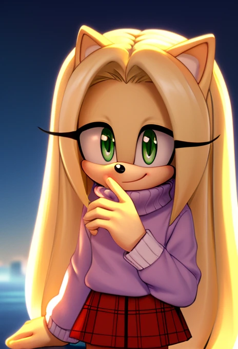 eri, long hair/quills, (green eyes:1.5), (purplish blue fur), long hair, female, Female hedgehog, mobian, Eri as a mobian hedgehog, skirt, long sleeves, sweater, red skirt, turtleneck, solo, innocent eyes, smile, blonde colored tips on quills, hair bangs
