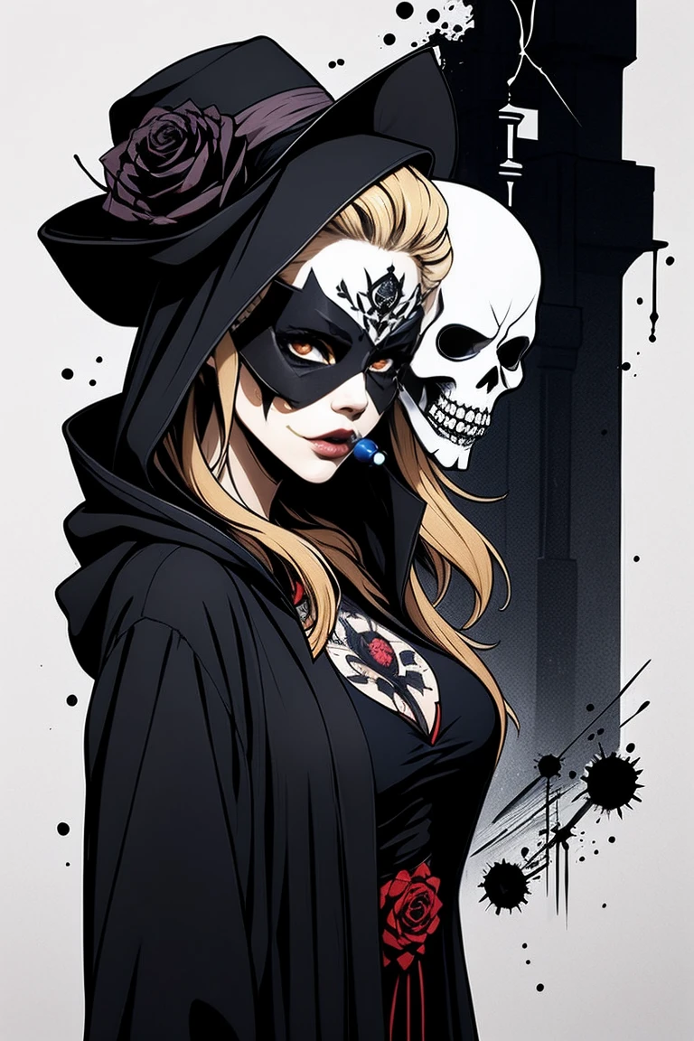 ((Masterpiece)), artistic, 8k, 12K, Horror,  grim Reaper,  beautiful women, Alone, black robe, Add a clock tower with a bell in the background ,  many black roses blooming in the background, white background , Black Aura, {the mask scull designed covers on her mouth|1.1}, scull tatoo, punkish woman,  beautiful eyes, reaper,  draw the upper body,