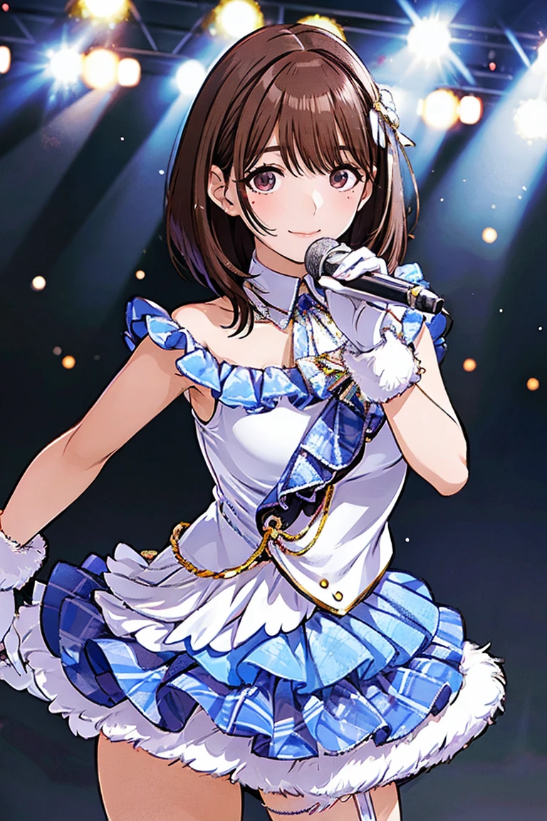 Nene Kasaki々、 Shiny Maroon Hair ,  short hair, ( brown pretty eyes、 Sparkling Eyes, Fine grain)、smile、 super detailed eyes 、 highly detailed face holding 1 ,  very detailed eyes,Only one female,( greatest masterpiece highest quality :1.2) 、 cowboy shot、


nsfw,  An idol girl is singing on stage. Idol's white costume . microphone .  short hair、 full audience