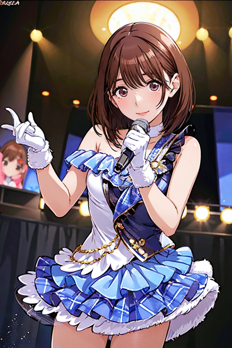 Nene Kasaki々、 Shiny Maroon Hair ,  short hair, ( brown pretty eyes、 Sparkling Eyes, Fine grain)、smile、 super detailed eyes 、 highly detailed face holding 1 ,  very detailed eyes,Only one female,( greatest masterpiece highest quality :1.2) 、 cowboy shot、


nsfw,  An idol girl is singing on stage. Idol's white costume . microphone .  short hair、 full audience