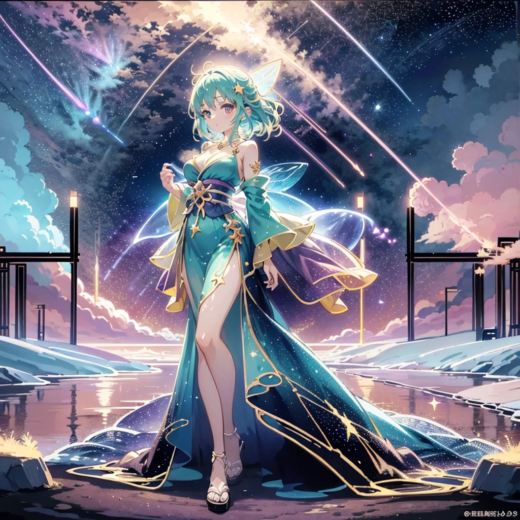  anime girls in kimonos 、There are stars and shooting stars ,  fantasy star fairies ,  pixiv contest winning work,  human structure star fairy concept art,  popular on art stations and Pixiv ,  anime girl auto  ,  beautiful anime art , everyone,  in the auroras in the night sky ,   clean and detailed anime art  ,  Anime Fantasy Illustrations ,  Beautiful Artwork Illustrations ,  Official Art 