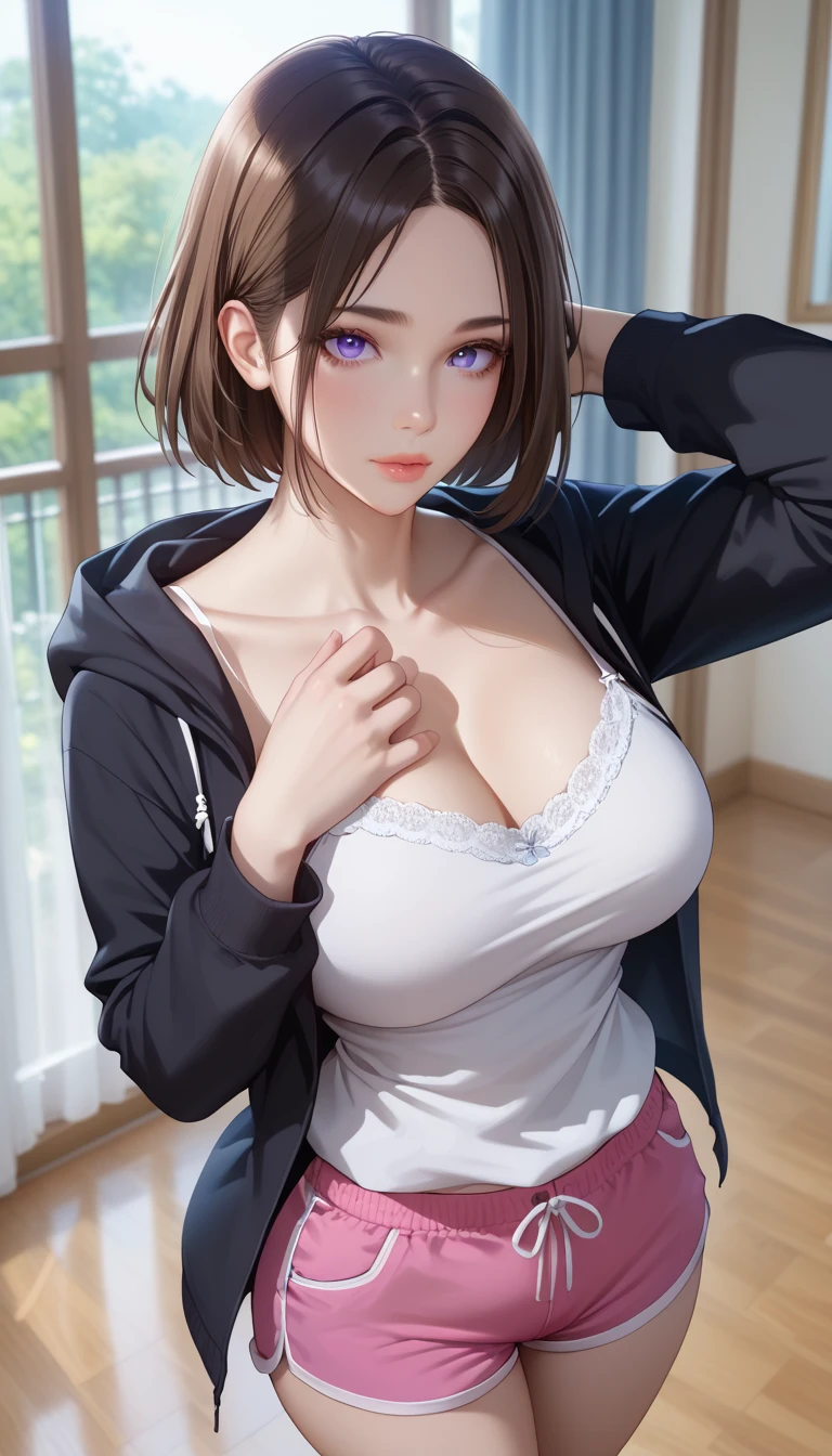 (masterpiece, best_quality:1.2), 1girl, solo, short hair, black hair, brown hair, blue eyes, purple eyes, (forehead:0.8), (hoodie jacket, black jacket, long sleeves, white camisole, pink shorts, short shorts, dophin shorts), beautiful eyes, female focus, looking at viewer, large breast, wide hips, ((above view)) ((close up shot)) ((solo)) detailed, very high resolution, no blurry image, standing, beautiful, elegant, serene expression, intricate details, detailed background, indoors:1.3