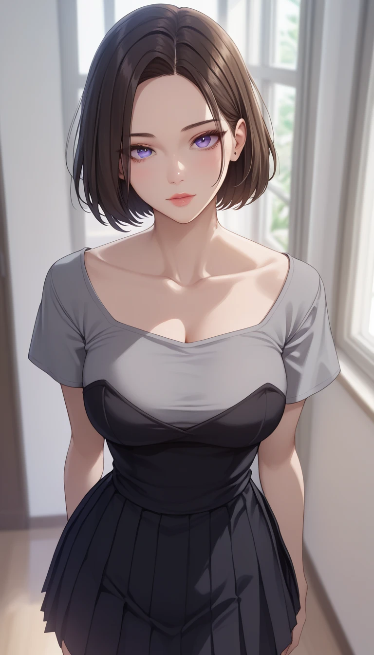 (masterpiece, best_quality:1.2), 1girl, solo, short hair, black hair, brown hair, blue eyes, purple eyes, (forehead:0.8), (grey shirt, v-neck shirt, short sleeves, strapless dress, black dress, pleated skirt, miniskirt), beautiful eyes, female focus, looking at viewer, large breast, wide hips, ((above view)) ((close up shot)) ((solo)) detailed, very high resolution, no blurry image, standing, beautiful, elegant, serene expression, intricate details, detailed background, indoors:1.3