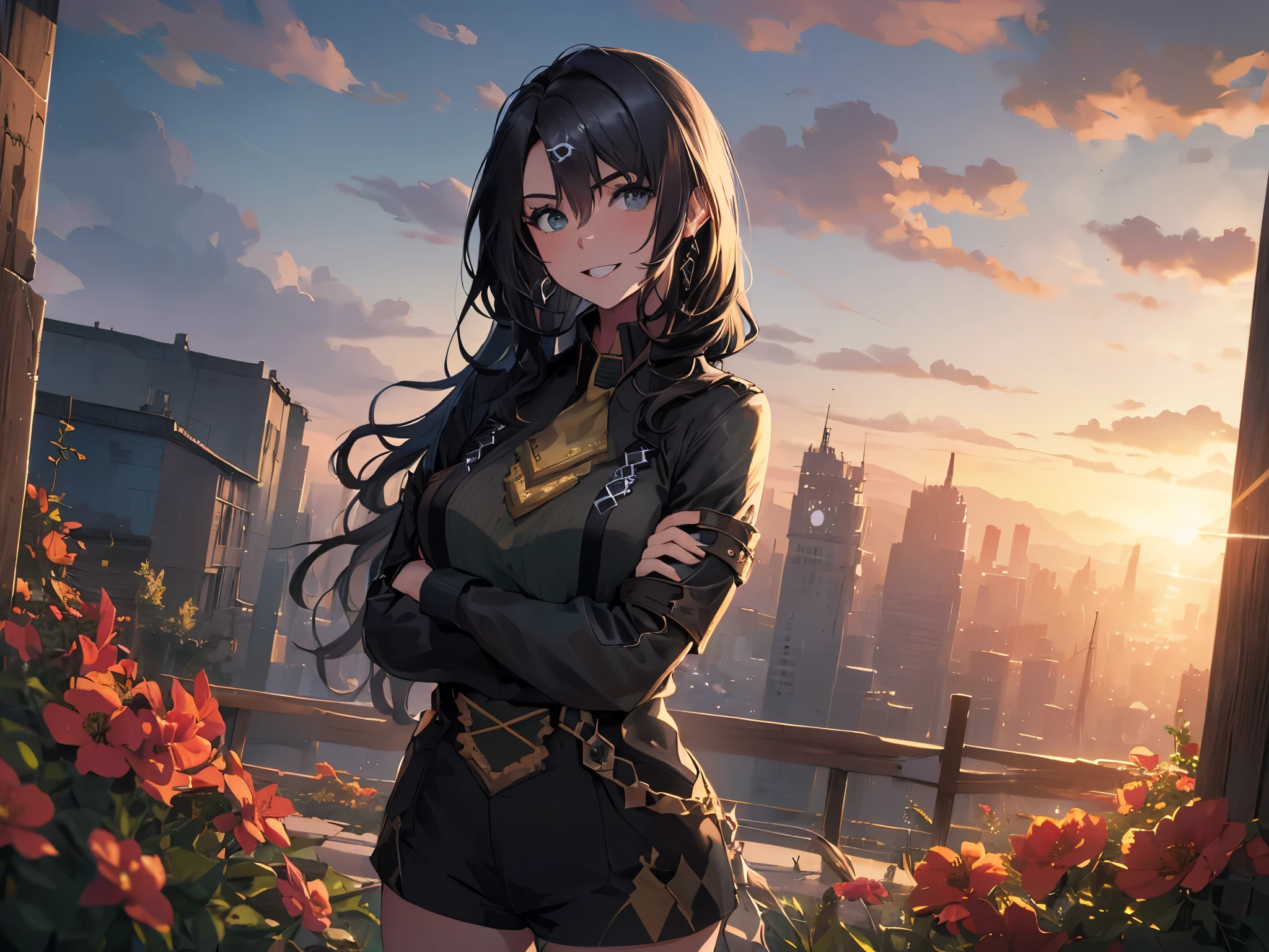 (Solo:2),(One young woman:2),(Small ass, small breasts),Cleavage,(Human ears, earrings),(Black hair:2),(Medium long hair:2),Low ponytail with big ribbon,Earrings,(Crossed arms:2),(Modest toothy smile),(Sexy leather jacket),(Sexy leather shorts),(Sexy suspenders),Silver tiara,(Meadow surrounded by lots of red flowers),(Sunset),(Breast shot, focus on breasts),(Highest quality, high resolution, 8K, high quality, detail, delicate, detail, one of the best in the world)