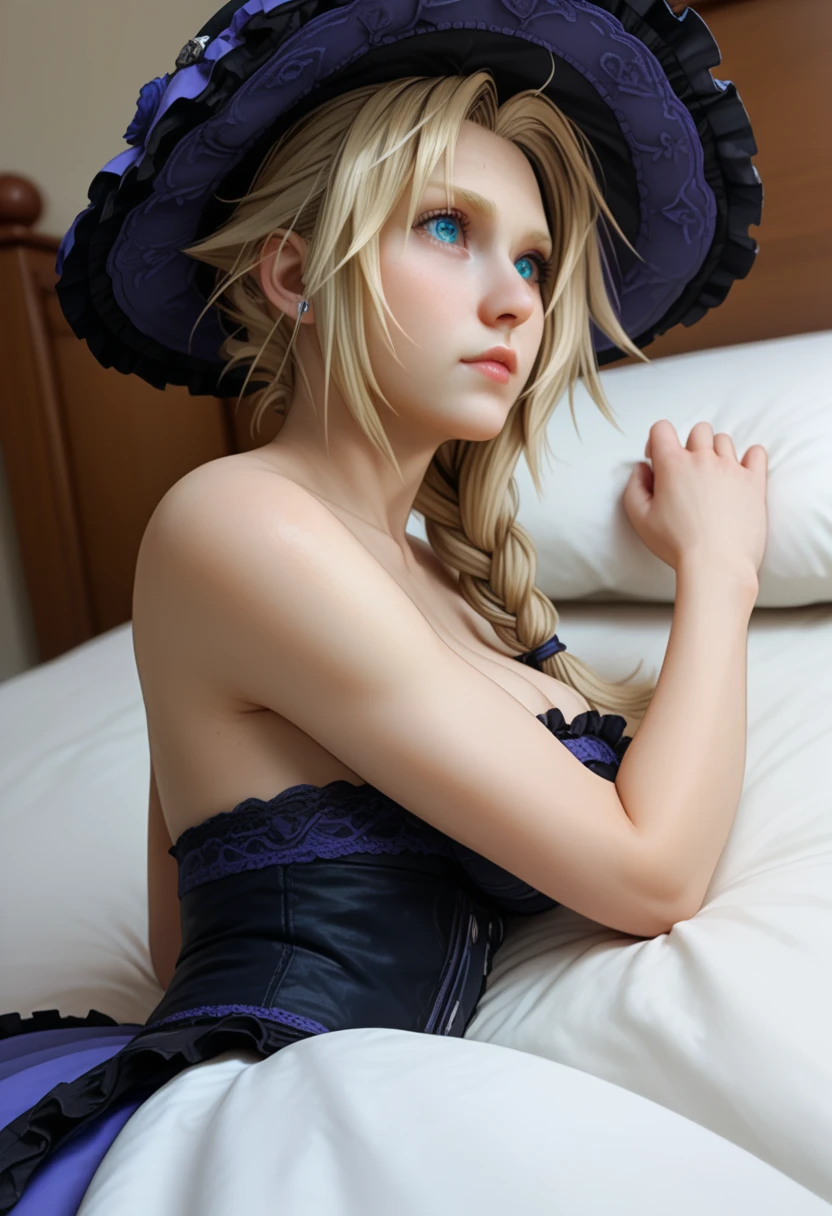 (1 girl), (masterpiece, best quality), woman in gotgic lolita dress lying on a bed, lying on side, from side, low angle, extreme detailed face, breast spillage, covered breasts, cloud strife,blonde hair,blue eyes,short hair,spiky hair, final fantasy vii, long braided ponytail, gothic lolita headwear, 
(), large forehead, large dark eyebrows, large nose, wide chin, 
(Breasts covering entire torso), 
normalized chounyuu, ((safe for work:1.3), ((medium breasts)),  by norman rockwell, sagging breasts, intricate details, breasts falling to side, squashed breasts, natural breasts