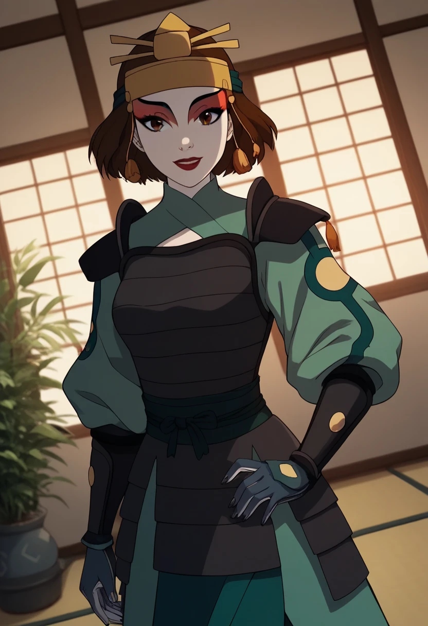 Suki, kyoshi warrior, short hair, brown hair, big brown eyes, makeup, lipstick, gloves, armor, hair ornament, in a room, crouching, beautiful smile, looking at the viewer, alone, cowboy shot, Dutch angle, her chest is very big, beautiful environment with plants in the background, dawn light illuminates the bedroom, sad gesture but with a bit of joy, pastel shades, scene of a beautiful dream with the perfect girl