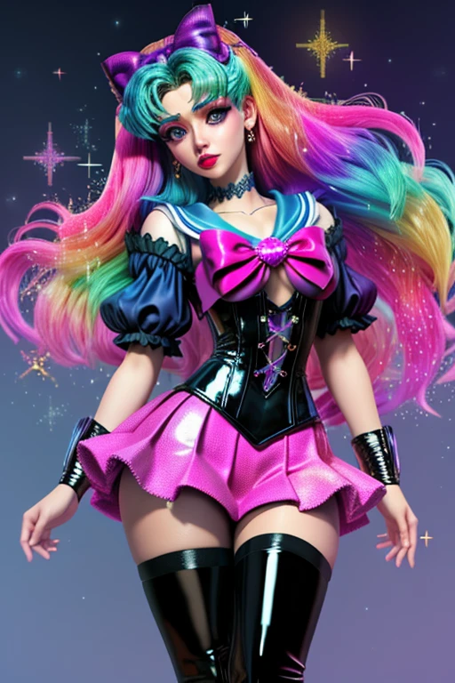 (SailorMoonGoth:1.2), (pastelgoth rainbow latex theme:1.3), professional detailed (full length:1.2) photo of (Sailor Moon) wearing (intricate pastelgoth latex rainbow short corset, short cheerleader miniskirt, navel:1.2), (shiny glossy translucent clothing, gleaming oily fabric :1.1), (perfect face, beautiful face, symmetric face, blue perfecteyes eyes), pastelgoth rainbow (lipstick, eyeshadow, mascara, goth makeup:1.4), (frills, lace, bows:1.2), (pastelgoth rainbow tight high socks, gothic boots:1.2), (double meatballs style rainbow hair:1.2), (sparkles, sparkling hair, sparkling clothes, sparkles near eyes:1.3),
8k, RAW photo, photo-realistic, masterpiece, best quality, absurdres, incredibly absurdres, huge filesize, extremely detailed, High quality texture,physically-based rendering, Ray tracing,