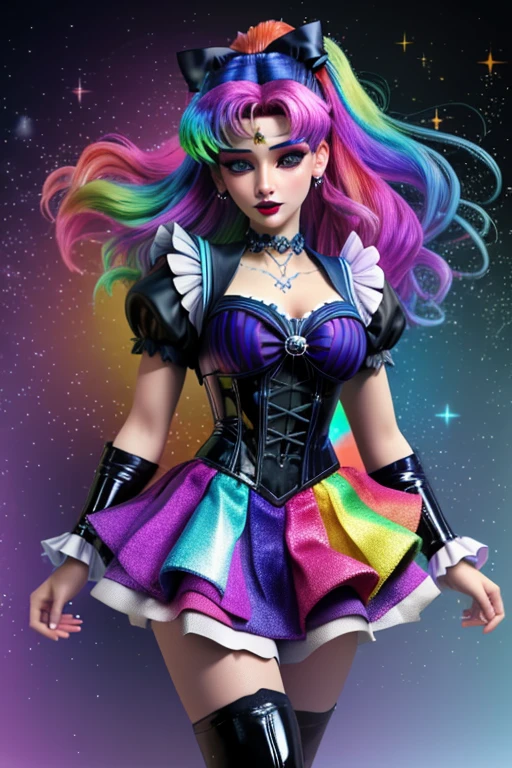 (SailorMoonGoth:1.2), (pastelgoth rainbow latex theme:1.3), professional detailed (full length:1.2) photo of (Sailor Moon) wearing (intricate pastelgoth latex rainbow short corset, short cheerleader miniskirt, navel:1.2), (shiny glossy translucent clothing, gleaming oily fabric :1.1), (perfect face, beautiful face, symmetric face, blue perfecteyes eyes), pastelgoth rainbow (lipstick, eyeshadow, mascara, goth makeup:1.4), (frills, lace, bows:1.2), (pastelgoth rainbow tight high socks, gothic boots:1.2), (double meatballs style rainbow hair:1.2), (sparkles, sparkling hair, sparkling clothes, sparkles near eyes:1.3),
8k, RAW photo, photo-realistic, masterpiece, best quality, absurdres, incredibly absurdres, huge filesize, extremely detailed, High quality texture,physically-based rendering, Ray tracing,