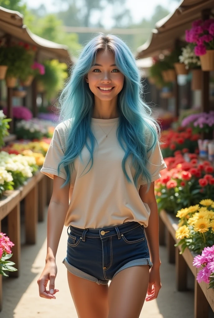 20 years old young girl with blue and white hair, long flowing blue hair, very long wavy azure blue hair, long blue hair, beautiful woman with blue hair, flowing blue hair, beautiful blue-haired girl, pretty girl with blue hair, long azure blue hair, blue long hair, very long blue hair, girl with blue hair, blue hairstyle, tall, beautiful, athletic figure, medium round breasts, green eyes, (best quality, 4k, 8k, high definition), ultra detail, detailed face and facial features, beautiful detailed eyes, beautiful detailed lips, extremely detailed eyes and face, long eyelashes, graceful triangular face, classic lip shape, small graceful nose, super realistic, standing confidently in a park, wearing a light pink tank top and gray leggings. Her hair is styled in a high ponytail, with the blue strands flowing down her back. A peaceful and well-maintained park during early autumn. The scene features a wide, winding path made of cobblestones, flanked by tall, mature trees with leaves turning shades of orange, yellow, and red. A few benches are scattered along the path, some occupied by people reading or relaxing. On one side, there's a small pond with clear water reflecting the colorful trees and a family of ducks swimming near the edge. In the background, you can see a large open green lawn where children are playing with a ball. There’s also an old-fashioned lamppost next to the path, and a few fallen leaves scattered on the ground. The sky is partly cloudy, allowing rays of sunlight to filter through the branches, creating a warm and inviting atmosphere. The park is surrounded by a low wrought-iron fence with ivy growing along it, adding to the charm and tranquility of the setting. The girl is wearing gray running shoes, and a smartwatch is visible on her wrist.