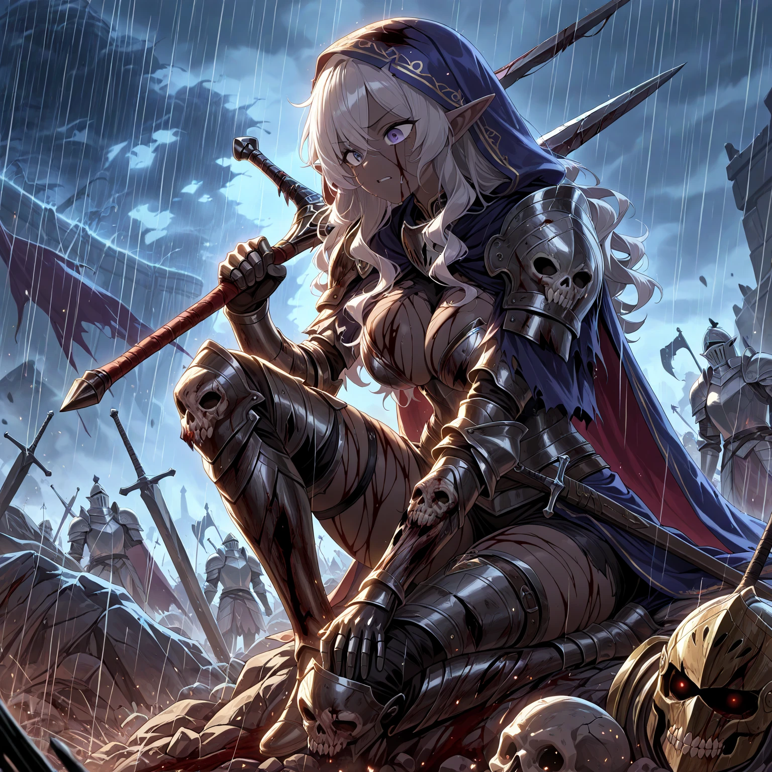 (fantasic illustration,dark fantasv),in gruesome battlefield,war,hard rain,1girl,(dark elf),knight,((ebony skin)),silver wavy hair,sadness face,sitting on rubble and cadaver skulls,large boobs,((wounds all over the body, tattered armor)),