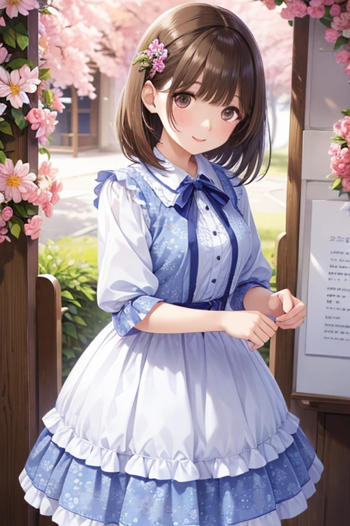 A woman in a fashionable dress decorated with floral patterns and ribbons、my grandmother、 Shiny chestnut hair ,  short hair, ( Pretty Brown Eyes )、smile、 sparkling eyes , (Fine grain)、 super detailed eyes、Highly detailed faces,  very detailed eyes, cowboy shot、