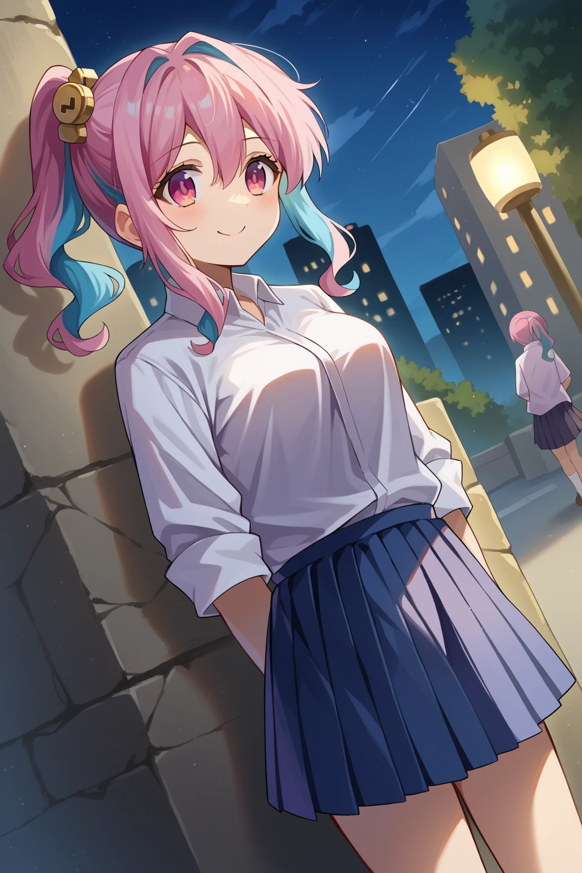 score_9, score_8_up, score_7_up,  source_Anime,
maple phlox  , Maple Tree,  1 girl,  blue hair, Improve, hair between eyes,  hair accessories ,  hair scrunchy, Multicolored Hair,  pink eye,  pink hair,  side ponytail ,  side lock,  Two Tone Hair ,   yellow crunch , smile,
black  skirt,  clevis on a stone, clavicle, dress  shirt, pleated  skirt,  shirt,  shirt tucked in,  skirt, gap, white  shirt,
 outdoors on the street at night, cityscape,
 is watching viewers,  Dutch Angle,  cowboy shot,