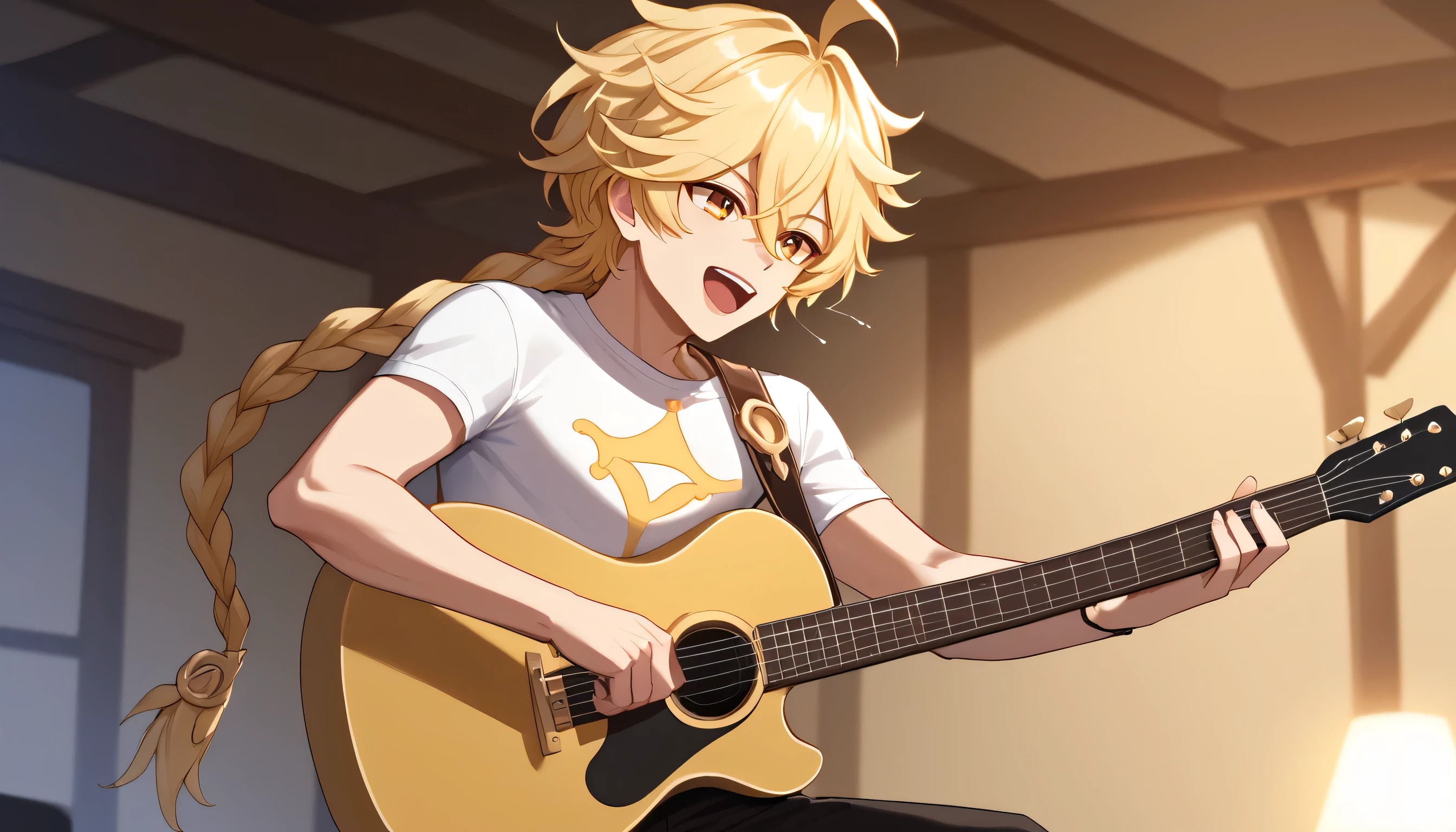 score_9, score_8_up, score_7_up, 1boy, solo, aether \(genshin impact\), male focus, solo, blonde hair, yellow eyes, ahoge, bangs, single braid, hair between eyes, cowboy shot, sing, singing, open mouth, mic, mic stand, guitar, playing a guitar, looking at viewers, casual outfit, t shirt, long pans, cowboy shot