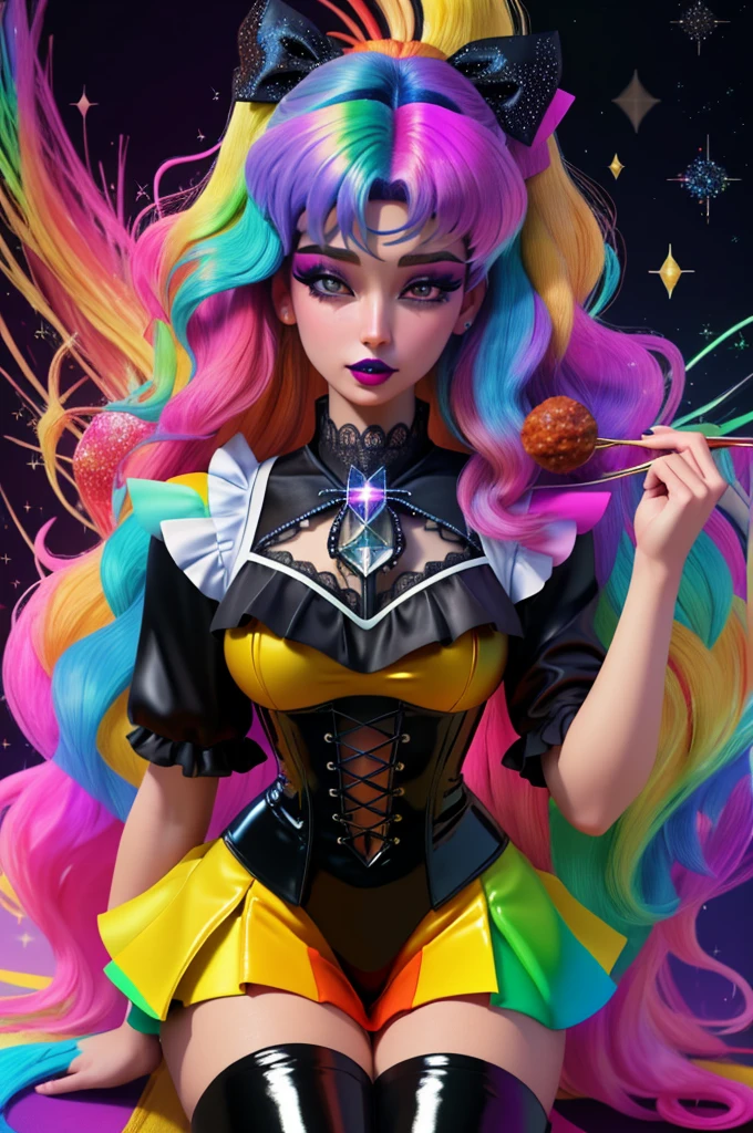 (SailorMoonGoth:1.2), (pastelgoth rainbow latex theme:1.3), professional detailed (full length:1.2) photo of (Sailor Moon) wearing (intricate pastelgoth latex rainbow short corset, short cheerleader miniskirt, navel:1.2), (shiny glossy translucent clothing, gleaming oily fabric :1.1), (perfect face, beautiful face, symmetric face, blue perfecteyes eyes), pastelgoth rainbow (lipstick, eyeshadow, mascara, goth makeup:1.4), (frills, lace, bows:1.2), (pastelgoth rainbow tight high socks, gothic boots:1.2), (double meatballs style rainbow hair:1.2), (sparkles, sparkling hair, sparkling clothes, sparkles near eyes:1.3),
8k, RAW photo, photo-realistic, masterpiece, best quality, absurdres, incredibly absurdres, huge filesize, extremely detailed, High quality texture,physically-based rendering, Ray tracing,