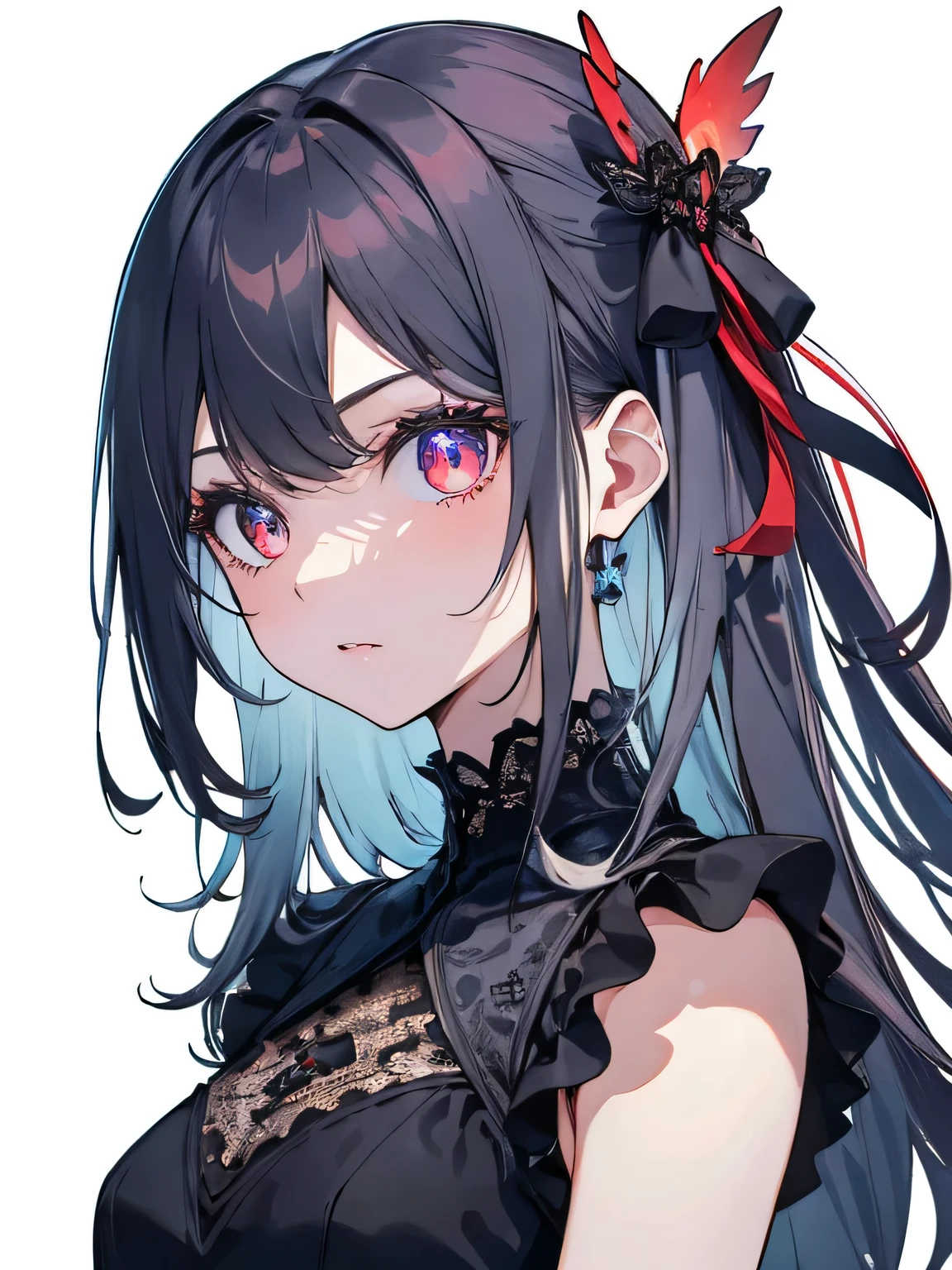 Black-haired,White and Blue Goth ,Fluffy cute,Red eyes,upon,((Masterpiece))