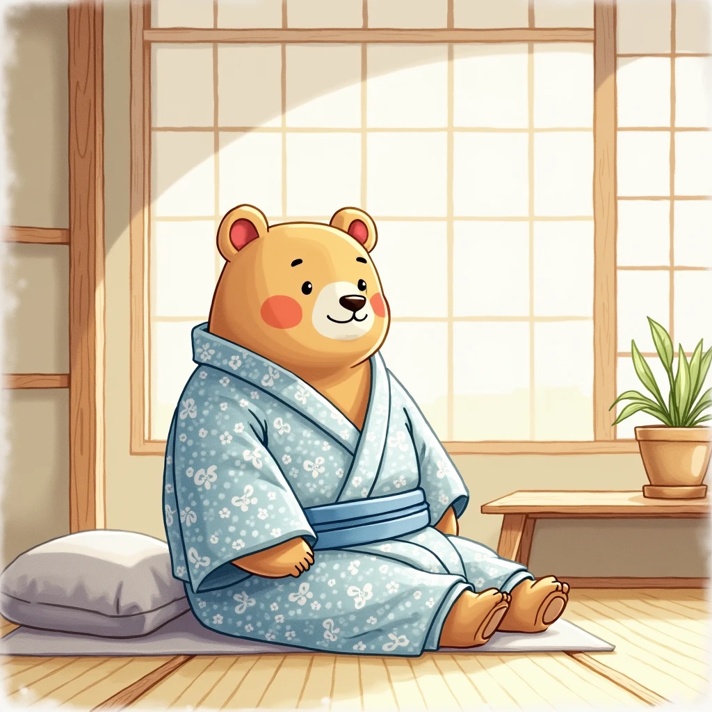 A watercolor-style illustration of a bear humanoid dressed in a traditional Japanese yukata, relaxing in a serene hotel bedroom. The room has a classic Japanese aesthetic, with tatami mats, shoji screens, and minimalistic wooden furniture. The bear’s yukata features subtle patterns in soft shades of blue and white, reflecting a calm and peaceful atmosphere. The bear is seated comfortably on a futon or by a low wooden table, enjoying the tranquil surroundings. The lighting is soft and warm, with a gentle glow filtering through the shoji, adding to the sense of relaxation and harmony, (watercolor style, bear humanoid, Japanese yukata, relaxing, hotel bedroom, tatami mats, shoji screens, wooden furniture, soft blue and white patterns, futon, low wooden table, tranquil surroundings, soft warm lighting, serene atmosphere, Japanese aesthetic, peaceful)