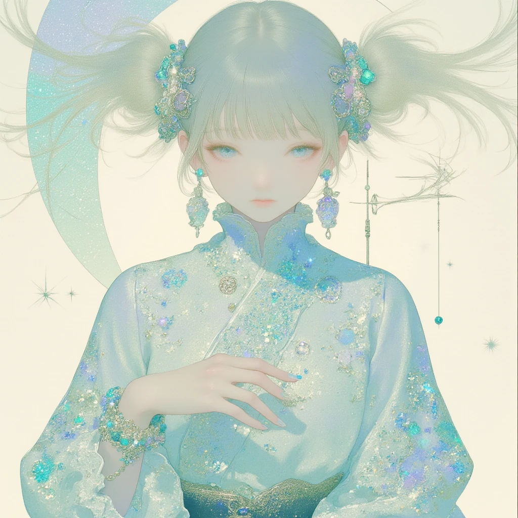 1girl ,bun hair,  rose girl, japanese kimono fashion, japanese yukata, loose kimono, portrait, complex accessory ,cyan tone, light blue color, kawaii anime, cute illustration, creative art, digital art, stylize anime, pastel color, glitter particles, soft color, bright, angelic atomosphere, 