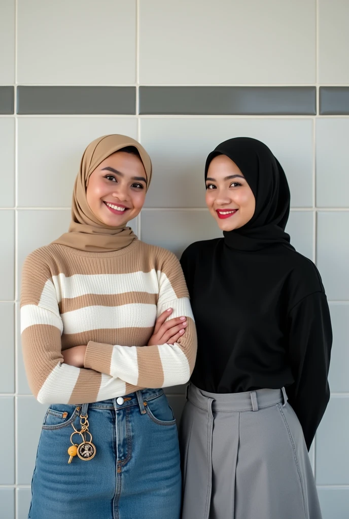 there are two women taking a studio photo. the woman on the left is sitting on a white block stand wearing a black hijab, a navy striped shirt, and black pants with her right leg stacked on the left. and wearing white framed sunglasses with black glass in a pose hugging the woman next to her from the side

and the woman on her right is sitting on a white block shorter than the woman on her left, wearing a black hijab, black overall pants and a white shirt with black stripes, wearing sunglasses with a pose showing her teeth