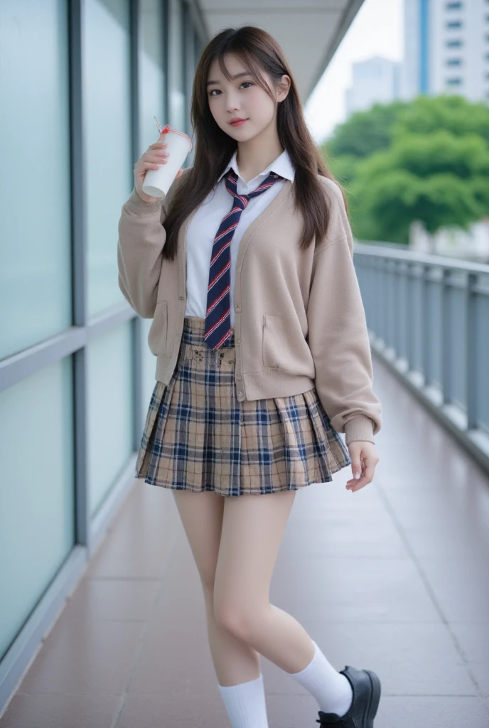 The image is a high-resolution photograph featuring an attractive young Asian woman standing on a covered walkway, likely in an urban area with tall buildings and greenery in the background. She has straight, long brown hair with bangs, and a fair complexion. She is wearing a schoolgirl-inspired outfit consisting of a light brown cardigan, a white collared shirt with a red and blue striped tie, and a short, pleated plaid skirt in shades of brown, beige, and blue. She pairs this with white knee-high socks and black lace-up shoes. In her right hand, she holds a white disposable cup with a red lid, suggesting she might have just purchased a drink. The background features large, frosted glass windows with metal frames, allowing diffused daylight to softly illuminate the scene, creating a calm and serene atmosphere. The camera angle is slightly below eye level, giving a slight upward perspective. The overall composition and lighting emphasize her y