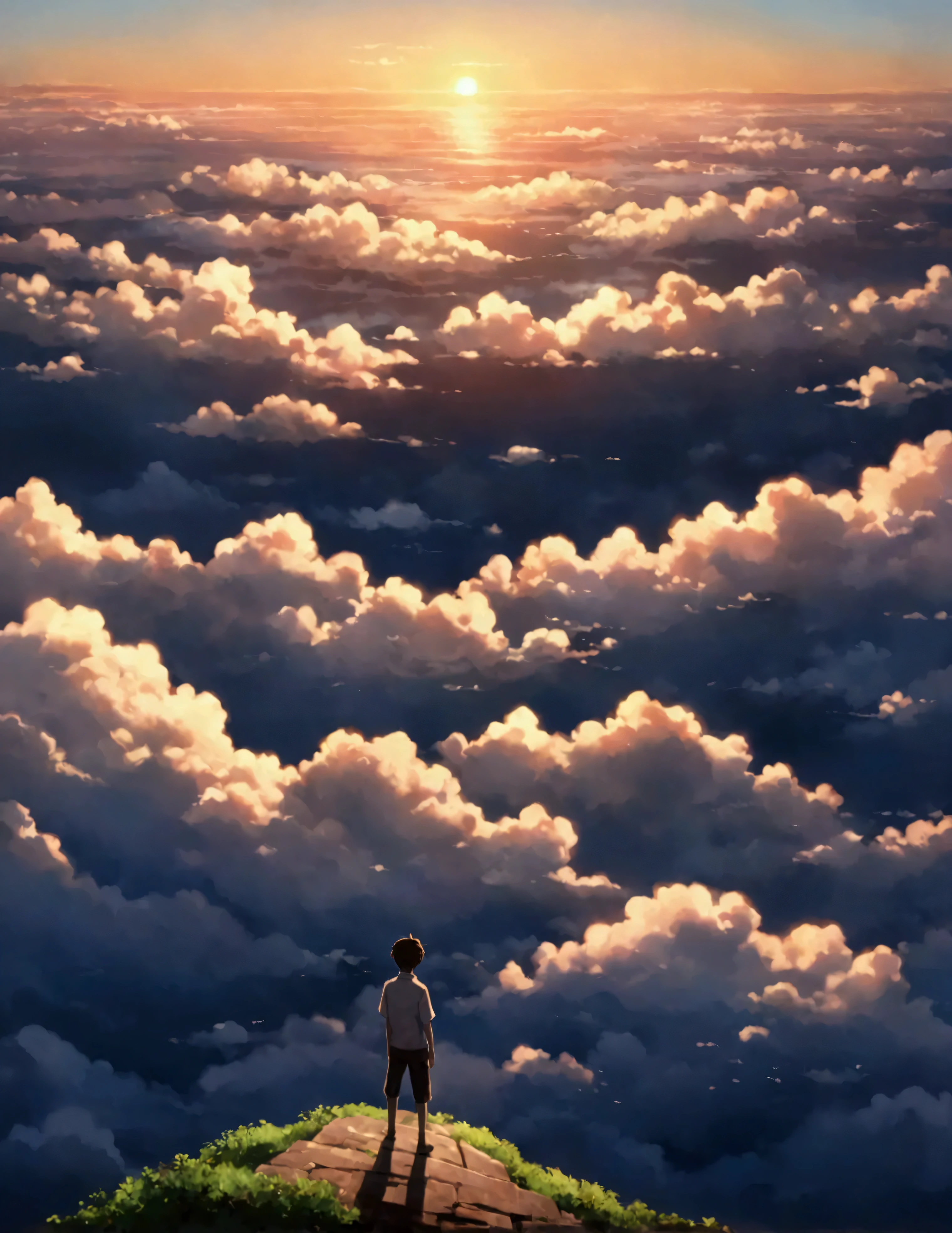 Fraction_9, Fraction_8_above, the atmosphere is peaceful and serene --v 5 --stylize 1000There is a sea of clouds realist!!!!!。,Evening serena!!!!!, Textured clouds anime-style a painting of a boy with arms outstretched!!!!! on the edge of an abyss !!! watching a vast sky , anime landscape, inspired by the brothers anime beautiful scene of peace , anime-realistic anime-realistic !!!!!!!!! nostalgic animated art background ,, In the style of photography with a 35 mm lens inspired by Makoto Shinkai !!, anime movie background the best of seaart hd 8kImpressionism, summer, Evening , hyperrealistic-anime FulllUltra 8K , depth of field