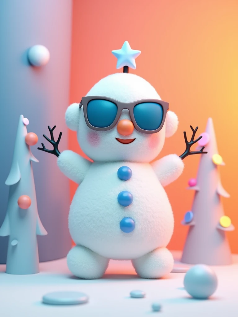 Anthropomorphic Snowman wearing cool sunglasses, two legs, plush, star, colored lights, four-pointed star, cute, gradient color background, simplified abstract elements,Plush texture,c4d